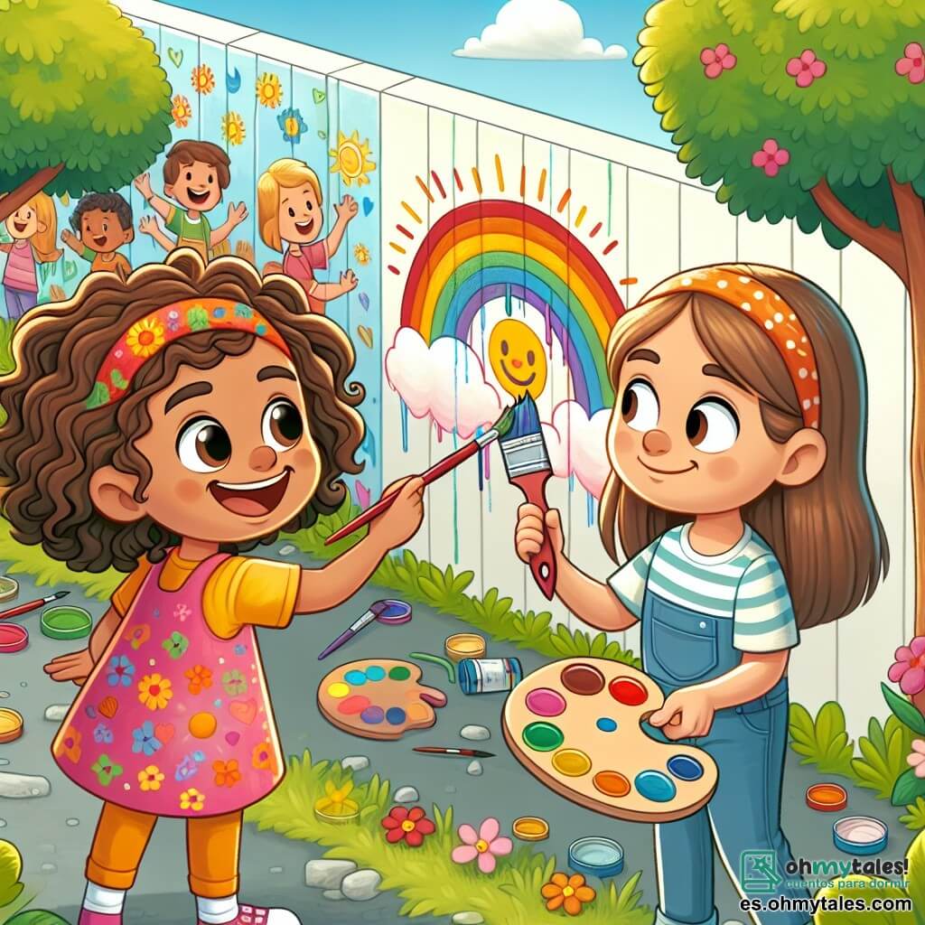 Una niña de 7 años, Clara, con cabello castaño y rizado, lleva un vestido colorido y una gran sonrisa. Está pintando un mural vibrante en la pared de la escuela, usando colores vivos como el rojo, azul y amarillo, mientras observa entusiasmada su obra. Junto a ella, su mejor amiga Sofía, también de 7 años, tiene el cabello liso y largo, atado en una coleta. Lleva una camiseta a rayas y parece concentrada, sosteniendo un pincel, lista para agregar detalles al mural. El escenario es un patio de escuela soleado, rodeado de árboles verdes y flores coloridas, con niños jugando a lo lejos. El mural que pintan está lleno de dibujos que representan la amistad y el respeto, con palabras positivas escritas en letras alegres. La situación principal muestra a Clara y Sofía colaborando alegremente para crear un mural que promueve la amabilidad y la inclusión, atrayendo la atención de otros niños que las miran con admiración.