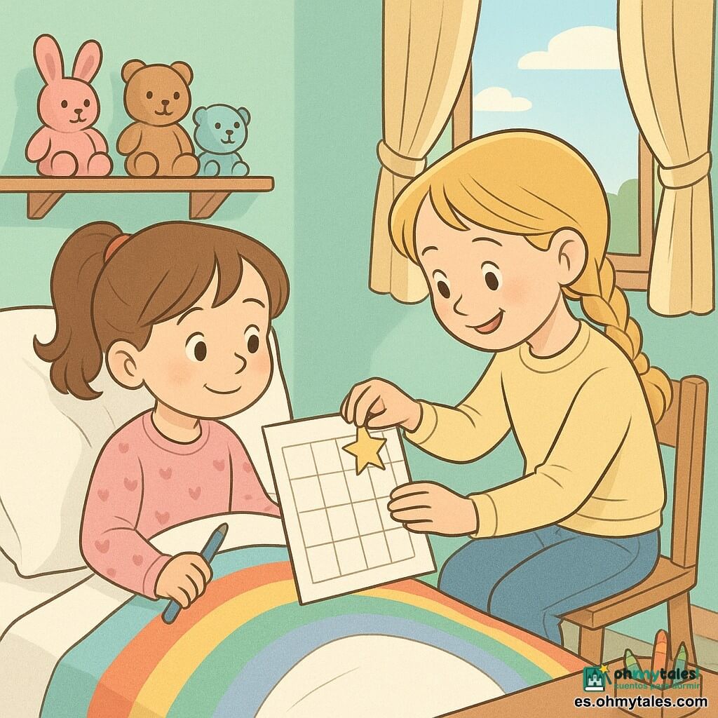 Hay dos niñas de 6 años: Lucía, morena con coletas, pijama rosa con corazones, pálida y tímida, semiacostada en una cama blanca con sábanas coloridas, sostiene un lápiz azul y mira hacia la izquierda; y Marta, rubia con trenza, jersey amarillo claro y vaqueros, enérgica y reconfortante, sentada a la derecha en una silla de madera pegando una estrella brillante en un gran calendario sobre las rodillas de Lucía. Escena en una habitación infantil luminosa y cálida con pared verde menta, ventana abierta que deja entrar luz matinal, estantería con peluches, una mesa con caja de lápices y un bol de sopa en la mesita de noche. Situación: momento tierno y optimista donde Marta marca la curación en el calendario mientras Lucía, arropada con una manta de arcoíris, mira esperanzada; atmósfera suave, colores pastel y expresiones amables.