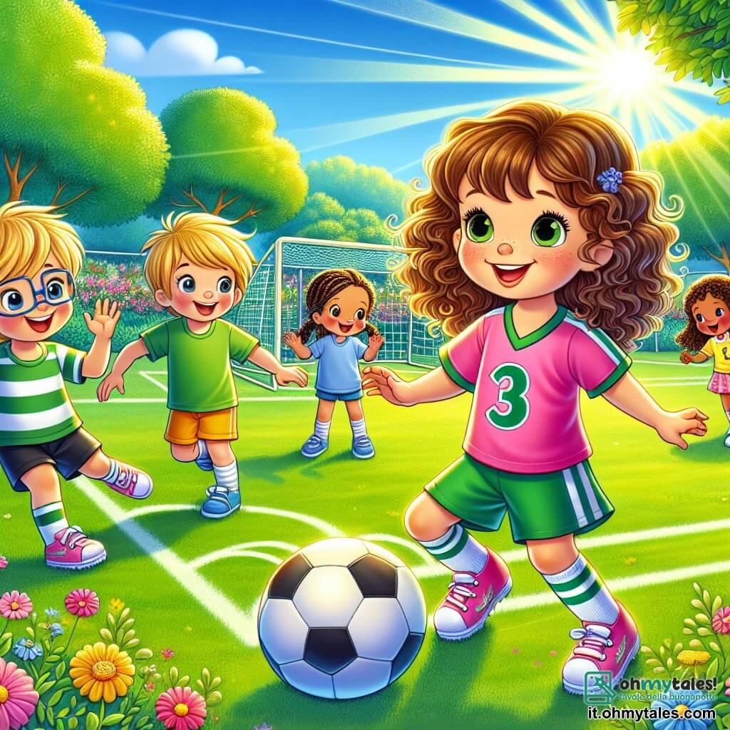 Mia, una ragazza dai capelli castani e ricci, indossa una maglietta da calcio rosa e un pantaloncino blu. Sorride felice mentre dribbla un pallone da calcio sul campo. Accanto a lei, Luca, un ragazzo di 8 anni con capelli biondi e occhiali, applaude entusiasta, indossando una maglietta verde e un pantaloncino nero. Più lontano, Anna, una ragazza di 7 anni con trecce e una maglietta gialla, si prepara a ricevere la palla, gli occhi brillanti di eccitazione. Il luogo è un ampio campo da calcio verde, circondato da alberi colorati e un cielo blu splendente. Fiori selvatici aggiungono tocchi di colore attorno al campo, e il sole splende gioiosamente. La scena principale mostra Mia che passa il pallone ad Anna, mentre Luca le incoraggia con un grande sorriso, creando un'atmosfera di compagnia e gioia.