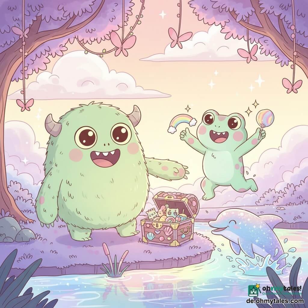 Ein fröhliches, rührendes Monster namens Grumpel, rund und flauschig hellgrün mit großen glänzenden Augen und zotteligen Armen, öffnet eine kleine Schatzkiste mit Muschelverzierung; die kleine, hüpfende Froschkatze Glaubi (weiblich) mit minzgrünem Fell und rosa Flecken klatscht und hält ein fliegendes Regenbogenbonbon; ein Glitzerdelphin mit irisierendem blau-rosa Körper spritzt flüssige Glitzerperlen am Wasserrand; Schauplatz: Tümpel des Glitzerwassers mit regenbogen-schimmerndem Wasser, moosbewachsenen violetten Ufern, Bäumen mit rosa Schmetterlingsblättern, Zuckerlianen und tiefhängenden Zuckerwattewolken; Szene des Teilens und Entdeckens: geöffnete Kiste ergießt glänzende Spielzeuge und schwebende Süßigkeiten, breite Lächeln und freundliche Gesten, helle, bunte Atmosphäre mit kleinen Funken; einfache Formen, weiche Konturen, gesättigte Pastellpalette, sanfte Texturen, warmes Licht und leichte Kontraste zur Betonung der Zärtlichkeit.