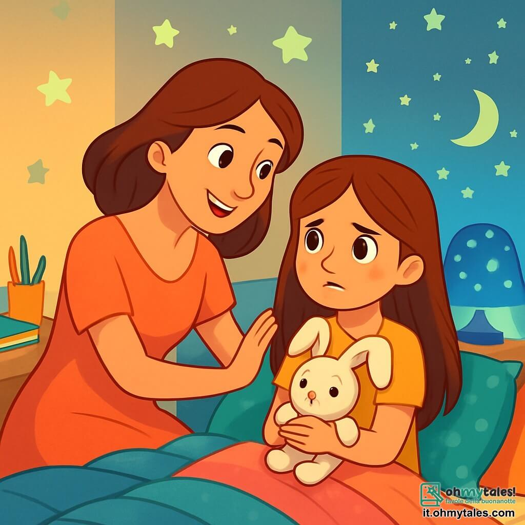 Una ragazza di 8 anni, Sofia, con lunghi capelli castani e occhi scintillanti, è seduta sul suo letto, circondata da cuscini colorati e coperte morbide. Ha un'espressione preoccupata ma determinata, tenendo il suo coniglietto di peluche, Bianchino, contro di sé. Accanto a lei, sua madre, una donna sorridente di circa trent'anni con capelli castani e un vestito leggero, si inclina verso Sofia con un'espressione rassicurante, mostrando che è lì per sostenerla. La stanza è decorata con pareti pastello, stelle luminose attaccate al soffitto e una piccola lampada che proietta motivi di cielo notturno. Sul tavolo, libri e matite colorate sono sparsi, aggiungendo un tocco di creatività allo spazio. La situazione principale mostra Sofia, un po' nervosa, ma pronta ad affrontare le sue paure, mentre ascolta sua madre spiegare che i rumori della notte non sono pericolosi. L'atmosfera è dolce e accogliente, piena di luce soffusa e colori rilassanti.