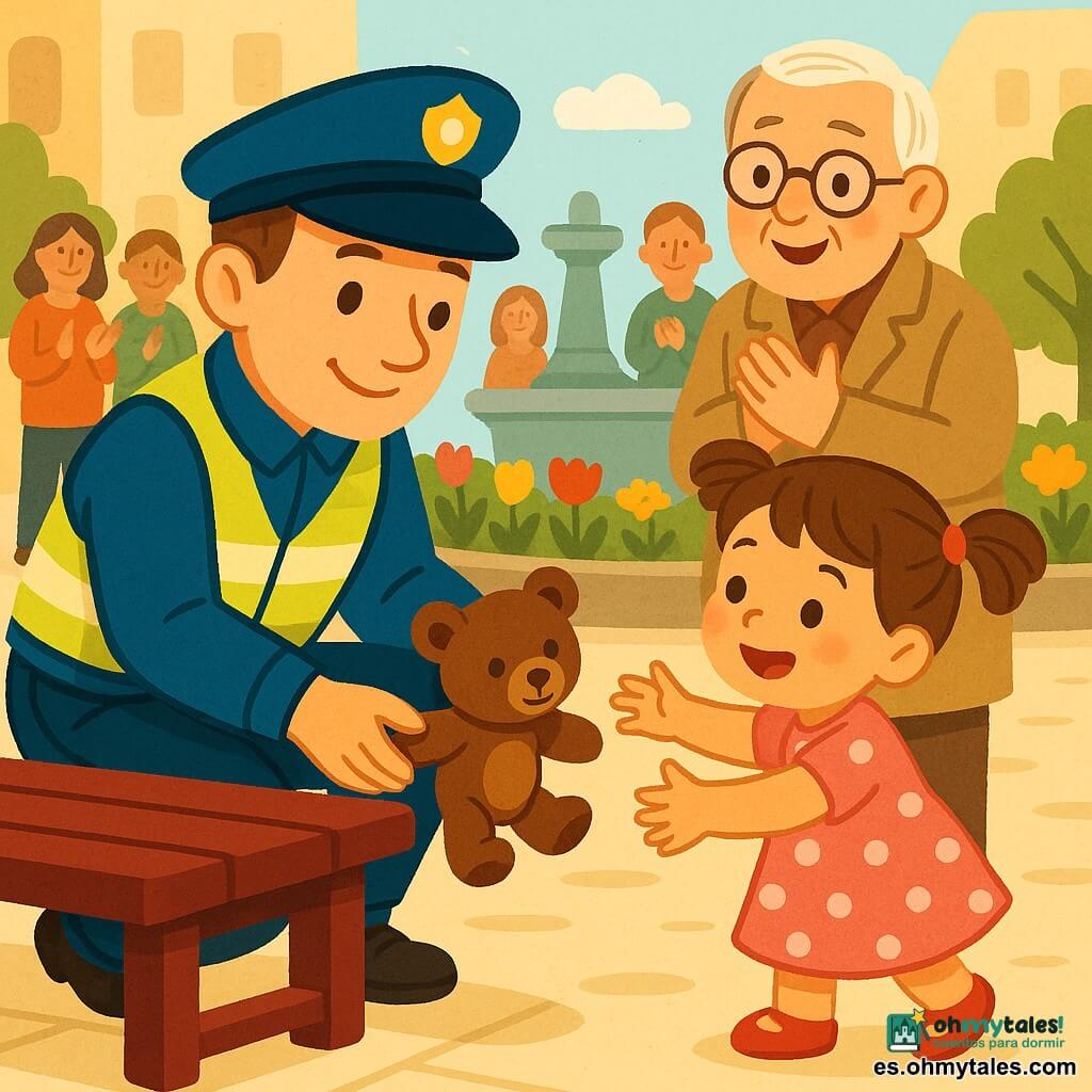 Un policía sonriente y tranquilo, con uniforme azul, chaleco reflectante, gorra y placa, agachado saca un pequeño oso de peluche marrón de debajo de un banco. Una niña de unos 4 años, Ana, con coletas y vestido rosa de lunares blancos, con ojos que se alegran, está de pie frente al policía con las manos extendidas para recibir el oso. Un vecino anciano de unos 70 años, cabello gris y gafas redondas, detrás de la niña, sonríe y aplaude con abrigo beige. Plaza soleada con adoquines claros, banco de madera, fuente de piedra y macizos de flores; escena amable y tierna, colores cálidos y formas simples y redondeadas para niños.
