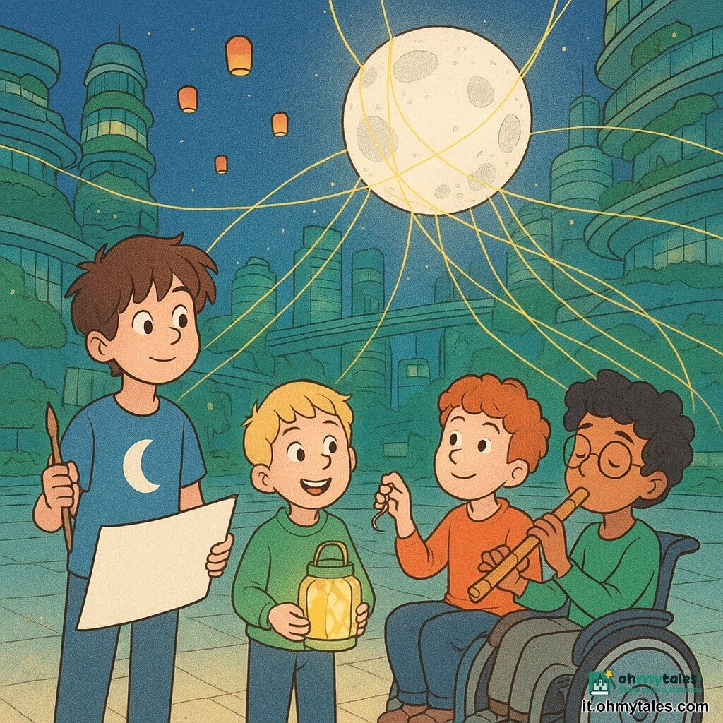 Ci sono 4 bambini: Matteo, un ragazzo di 12 anni con capelli castani spettinati, indossa una maglietta blu con un motivo di luna e tiene un pennello e un grande foglio di carta. Amir, 11 anni, ha capelli neri ricci e porta occhiali rotondi, suona un flauto di bambù. Nico, 10 anni, ha capelli biondi corti e indossa un maglione verde, tiene una lanterna luminosa fatta di materiali riciclati. Leo, 12 anni, ha capelli rossi e usa una sedia a rotelle futuristica, tiene una piccola chiave magnetica. Si trovano nella piazza centrale di CittàOnda, una città futuristica con pavimenti luminosi e giardini sospesi, circondata da grattacieli verdi e passerelle trasparenti. Lanterne colorate galleggiano nel cielo notturno, illuminando la scena. I bambini collaborano per liberare la luna intrappolata da fili dorati che brillano come ragnatele di luce. Usano i loro talenti per creare una melodia magica che fa vibrare i fili. La luna inizia a liberarsi, illuminando la scena con una luce argentata.