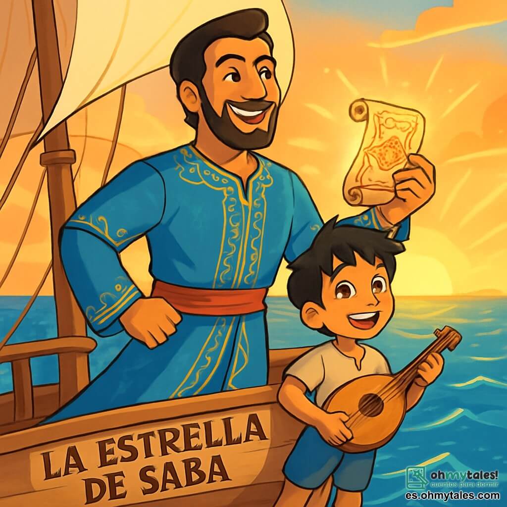 Fadhel, un hombre de barba marrón y ojos brillantes, está de pie en el puente del barco "La Estrella de Saba". Su rostro expresa una determinación alegre, iluminado por la luz dorada del amanecer. Lleva una túnica azul con motivos dorados que flota al compás del viento marino. A su lado, Sami, un niño de cabello negro despeinado y grandes ojos curiosos, sonríe con entusiasmo. Viste una camisa simple y pantalones cortos, sosteniendo un pequeño laúd de madera bajo el brazo. El barco navega en un mar de azul profundo, con olas brillantes bajo el sol. En el fondo, el cielo se tiñe de tonos anaranjados y rosados, anunciando un nuevo día lleno de promesas. La escena representa a Fadhel y Sami, listos para afrontar la aventura, mientras descubren un antiguo manuscrito misterioso, simbolizando su búsqueda de magia y solidaridad.