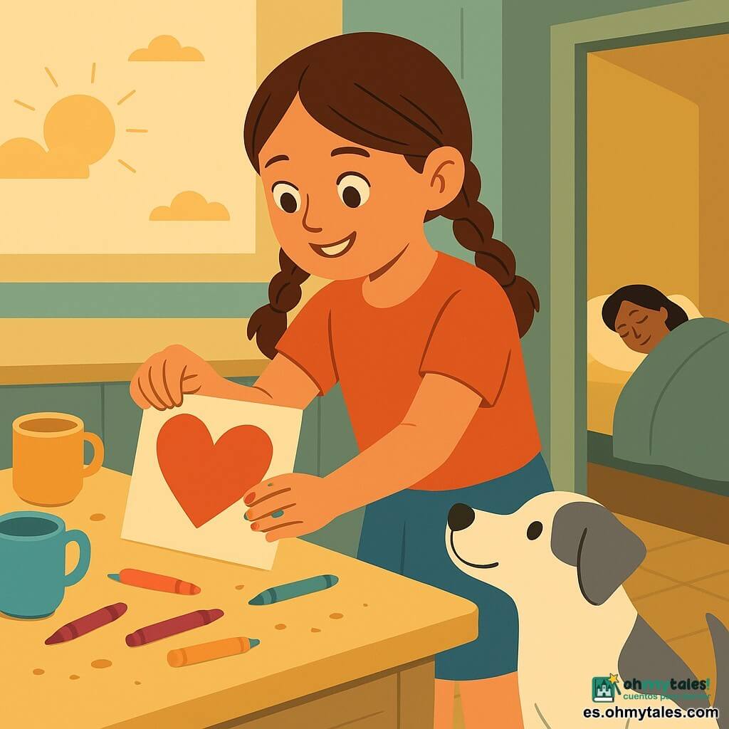 Niña de 10 años, feliz y concentrada, pelo castaño en dos trenzas, con manchas de pintura en los dedos y ojos brillantes, de puntillas pegando un gran corazón de papel rojo en una tarjeta; un perro blanco y gris llamado Nube, de tamaño mediano, sentado a su lado con la cabeza ladeada y la cola moviéndose, mirando la tarjeta desde el suelo; la madre (mujer, ~35 años) duerme en una habitación contigua visible por una puerta entreabierta, silueta relajada bajo una manta y luz suave del pasillo; cocina matutina luminosa con encimera de madera clara, tazas de colores, caja de lápices abierta, migas en la mesa y una ventana baja que deja entrar un sol dorado; escena principal: momento tierno y secreto mientras la niña prepara una tarjeta para el Día de la Madre, gestos cuidadosos y ambiente íntimo y cálido.