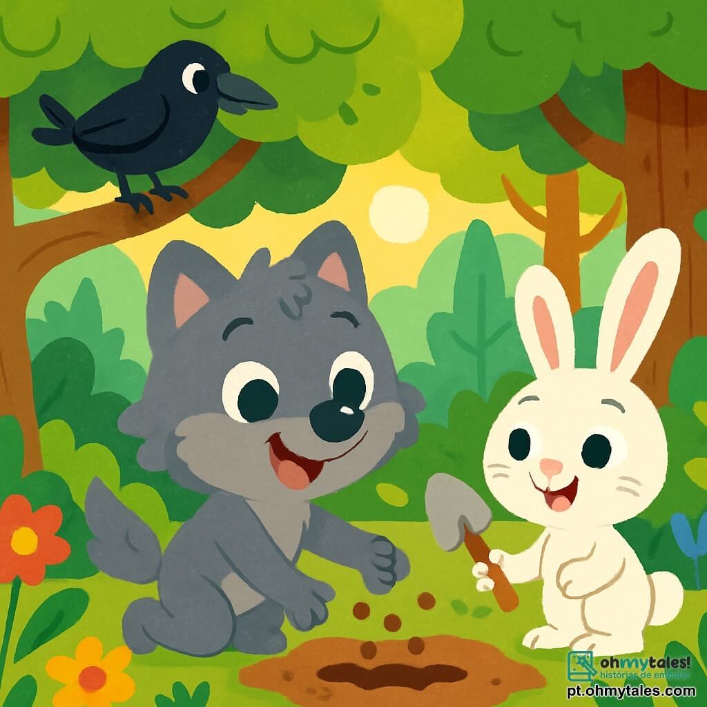 Um pequeno lobo chamado Lupi, com olhos brilhantes e pelagem cinza suave, está alegremente no meio de uma floresta verdejante, sorrindo. Ele planta sementes no solo, cercado por flores coloridas e folhas verdes. Perto dele, um coelhinho travesso chamado Coelho, com grandes orelhas e pelagem branca, observa Lupi com entusiasmo, segurando uma pequena pá de madeira, pronto para ajudar. Um pouco mais longe, uma corvo sábia com penas pretas brilhantes pousa em um galho, observando a cena com um olhar benevolente, pronta para compartilhar sua sabedoria sobre a proteção da floresta. O local é uma floresta luxuriante, cheia de árvores majestosas, flores vibrantes e um suave raio de sol filtrando pelas folhas. A cena principal mostra Lupi e Coelho trabalhando juntos com entusiasmo para plantar sementes, simbolizando seu compromisso em cuidar da natureza e fazer crescer sua bela floresta.