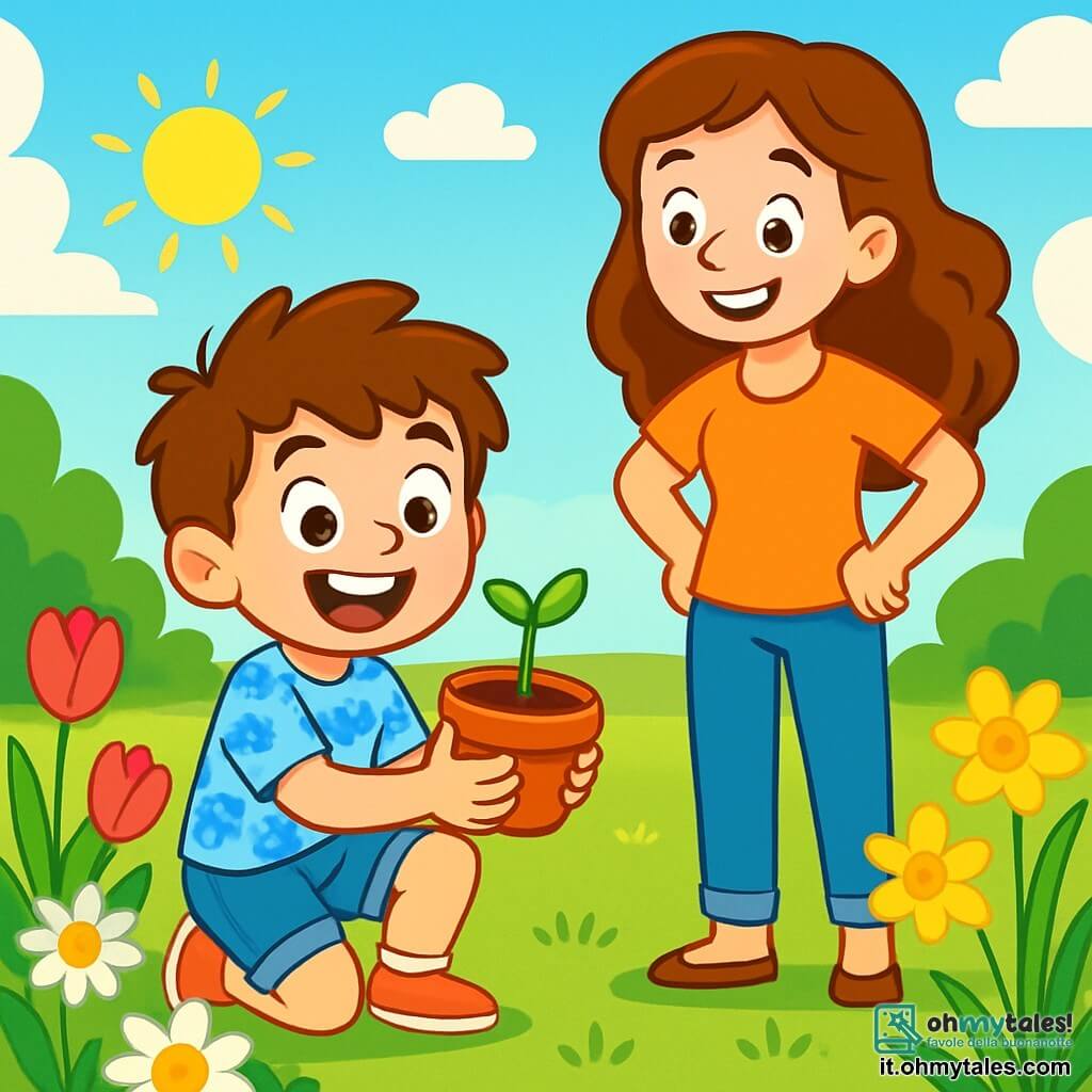 Un ragazzo di 6 anni, Mattia, con i capelli castani in disordine e un grande sorriso gioioso, è accovacciato in un giardino soleggiato, tenendo un piccolo vaso di terra con un germoglio verde che spunta dal terreno. Indossa una maglietta a fiori blu e pantaloni corti di jeans, i suoi occhi brillano di eccitazione. Accanto a lui, sua madre, una donna di circa 30 anni con capelli lunghi e ondulati, sorride orgogliosa osservandolo, con le mani sui fianchi, in piedi vicino a un'aiuola di fiori colorati. Il giardino è pieno di fiori vivaci: tulipani rossi, margherite bianche e narcisi gialli, sotto un cielo azzurro chiaro punteggiato di nuvole bianche e soffici. In questa scena, Mattia scopre con meraviglia il suo piccolo seme che cresce, circondato dalla bellezza della natura primaverile, mentre sua madre lo incoraggia con tenerezza.