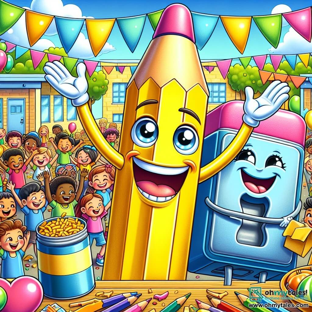 An illustration depicts a cheerful yellow pencil with a smiling face and sparkling eyes, standing on a wooden table with arms open, expressing great joy and determination, surrounded by bright colors. Next to it, a friendly pink eraser with bright eyes jumps for joy while holding a colorful poster announcing a food drive, located to the left of the pencil. A blue sharpener, with a wide smile and rosy cheeks, is distributing snack bags to classmates, positioned to the right of the pencil, showing pride in its actions. The main setting is a sunny schoolyard decorated with colorful balloons and banners, with tables filled with food and treats. Children of various colors and shapes gather around, laughing and chatting happily. The main scene shows the yellow pencil and its friends organizing a food drive to help those in need, creating a festive and warm atmosphere filled with solidarity and sharing. Additional graphic elements include colorful posters with messages of kindness, radiant smiles on the characters' faces, and food boxes decorated with children's drawings, symbolizing unity and mutual aid.