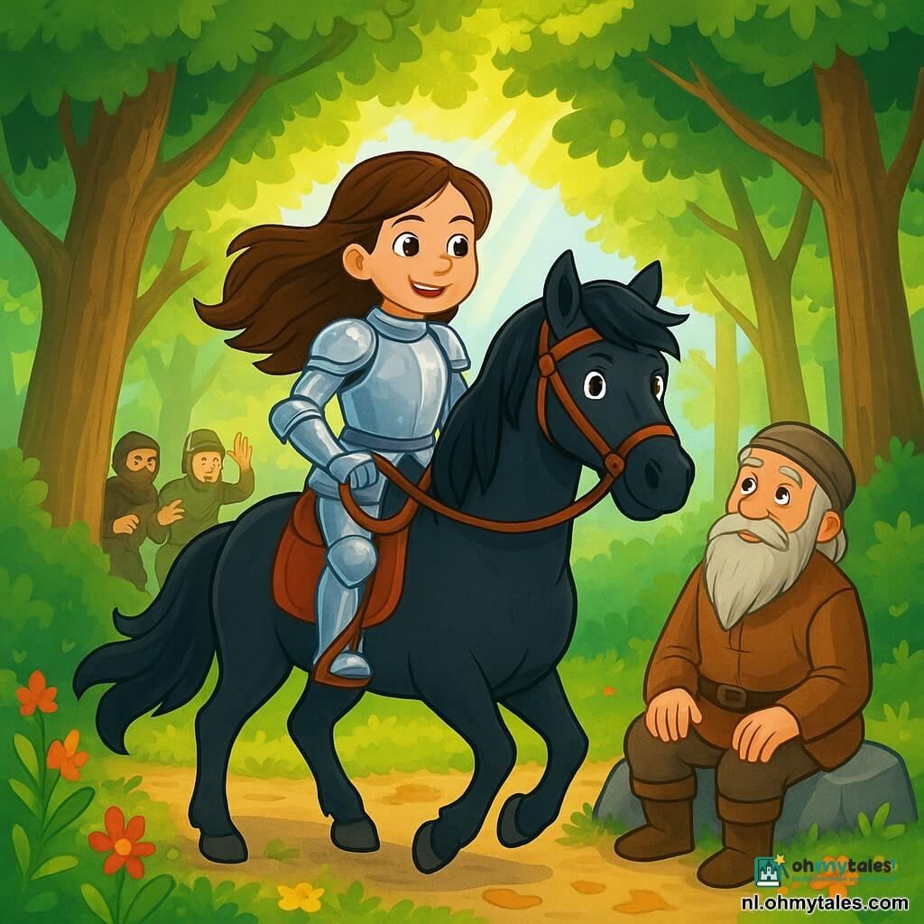 Een dappere ridderes, genaamd Mira, staat trots op haar zwarte paard, Storm. Ze draagt een glanzende wapenrusting die schittert in de zon, met een vastberaden blik en een zelfverzekerde glimlach op haar gezicht. Haar lange bruine haren wapperen in de wind en ze houdt de teugels van haar paard stevig vast. Naast haar zit een man van ongeveer 50 jaar, meester Arend, op een steen, met een lange grijze baard en smidse kleding. Hij kijkt opgelucht en dankbaar naar Mira met bewondering. De omgeving is een dicht bos met majestueuze bomen en heldergroene bladeren. Zonne-stralen breken door het loof en verlichten de met kleurrijke bloemen en gevallen bladeren bedekte grond. De hoofdactie toont Mira en Arend die ontsnappen aan drie dieven, die op de achtergrond staan, verrast en verward. Mira, vol vastberadenheid, heeft Arend weten te bevrijden en samen gaan ze op weg naar de uitgang van het bos, klaar om de veiligheid van het dorp te bereiken.