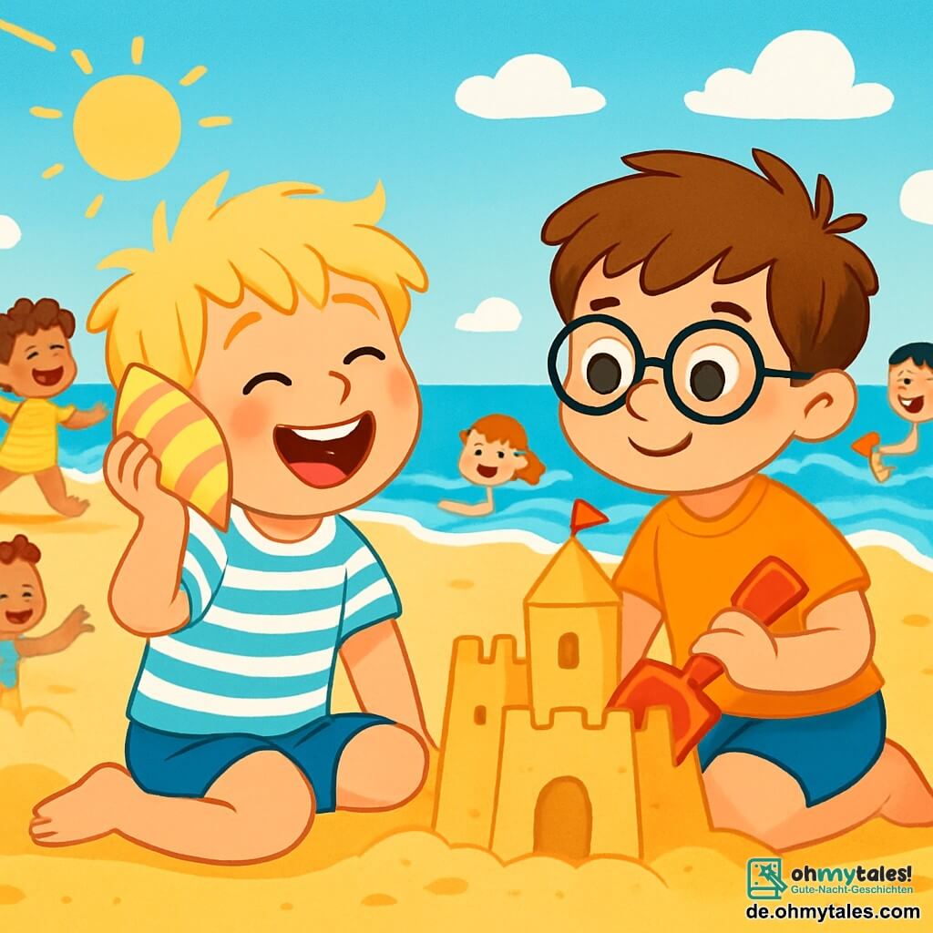 Ein 6-jähriger Junge namens Lukas mit zerzausten blonden Haaren und strahlenden Augen sitzt auf dem goldenen Sandstrand und lacht laut. Er trägt eine blaue Badehose und ein gestreiftes T-Shirt und hält eine große, bunte Muschel an sein Ohr, um das Rauschen der Wellen zu hören. Neben ihm baut sein neuer Freund Max, ebenfalls 6 Jahre alt, mit einer roten Schaufel eine beeindruckende Sandburg. Sie sind von vielen anderen Kindern umgeben, die im Sand spielen und fröhlich lachen. Im Hintergrund strahlt der Himmel in leuchtendem Blau mit ein paar weißen Wolken, und die Wellen des Meeres glitzern in der Sonne. Die Szene vermittelt eine Atmosphäre von Glück und Freundschaft, erfüllt von lebhaften Farben und sommerlicher Freude.