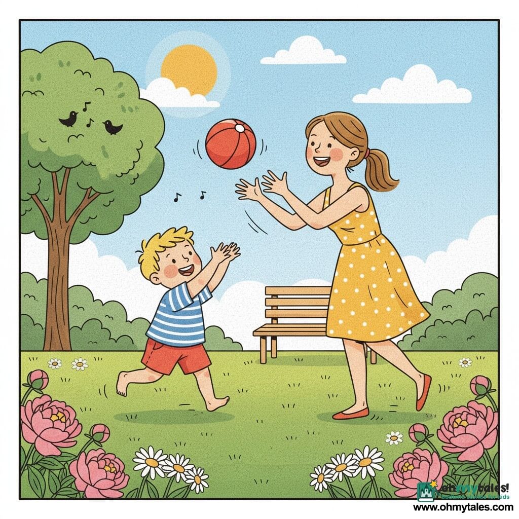 A joyful, amazed 2-year-old boy with blond wisps, wearing a blue-and-white striped T-shirt and red shorts, runs barefoot on grass throwing a red ball toward his smiling, patient mother (about 30) with brown hair in a ponytail wearing a yellow polka-dot sundress who stands a few steps away and catches it laughing; colorful flowers (pink peonies and white daisies) border the green lawn, a light wooden bench sits in the background, a bright blue sky with a golden sun and a few fluffy clouds, small black birds sing in a tree to the left—a warm, simple summer play scene with rounded strokes, soft colors, and clear expressions capturing the motion of the boy tossing the ball to his mother.