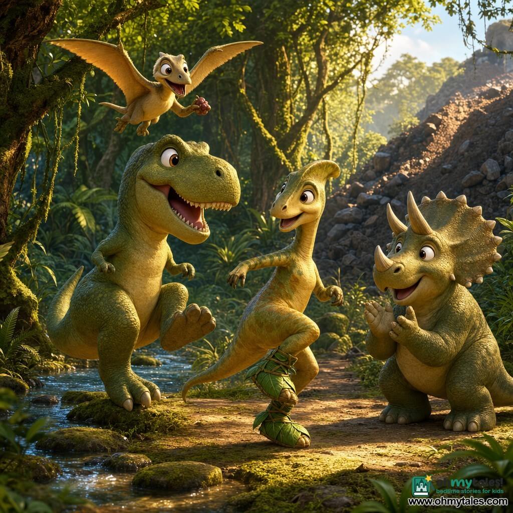 Taro, a chubby olive-green young Tyrannosaurus Rex at the center, lifts a foot trying the "Taro Stomp" with a curious joyful expression; Zuzu, a slender hadrosaur in leaf-tied booties, grins and pivots showing the "Leafy Shuffle" in front of him; Luma, a round gentle triceratops with polished horns, stands beside Taro smiling and softly applauding; Pip, a small cream-colored pterosaur, hovers above with wings folding then opening, holding a berry; behind them a dense jungle of large green ferns, moss-covered trunks and hanging vines lets golden late-afternoon light filter through, a sparkling mossy stream runs left while a darker landslide-formed hummock of rock and earth sits right—cheerful adventurous mood, saturated colors, detailed textures and warm soft shadows, centered composition showing characters in the foreground and the solved problem (blocked path) and solution (new route and friendship) in the background.