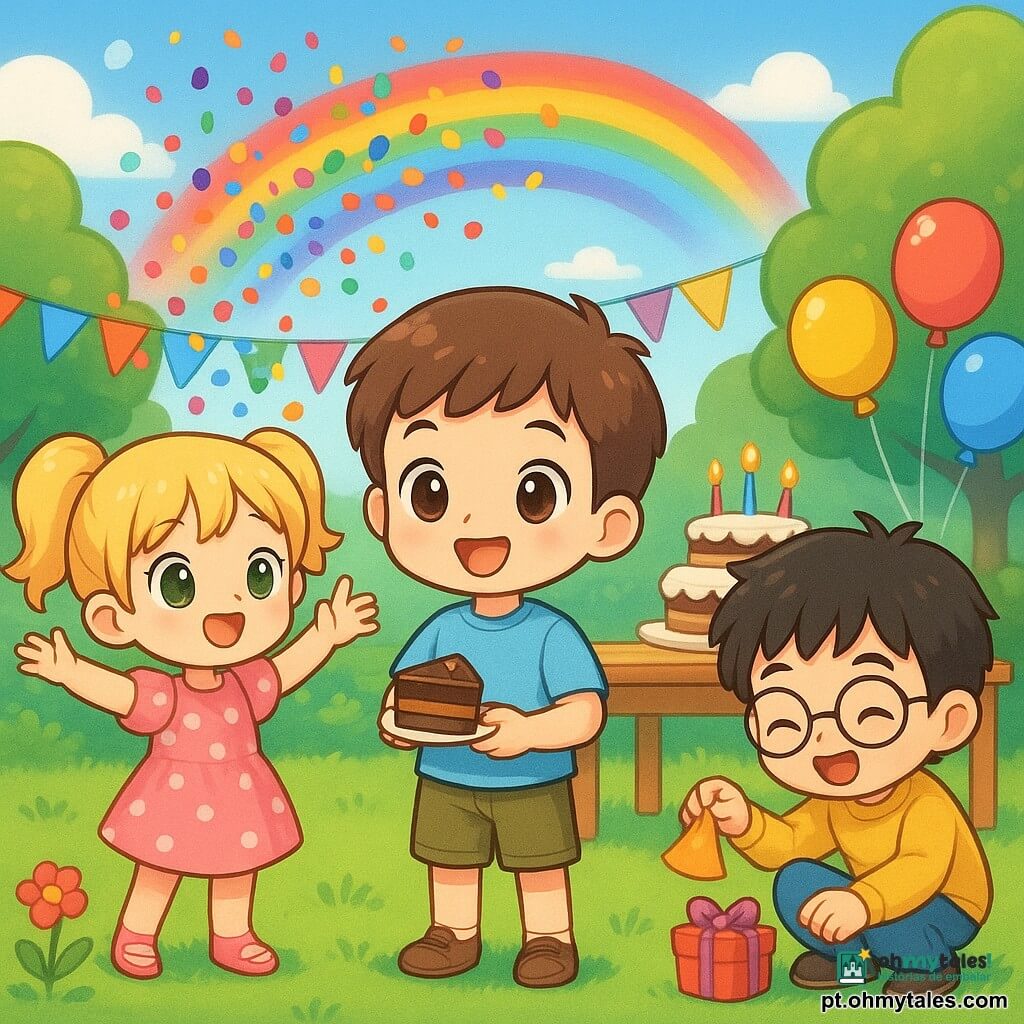 Três personagens: Miguel, menino de 8 anos, cabelo castanho curto, olhos castanhos, camiseta azul-claro e bermuda cáqui, segura uma fatia de bolo de chocolate e sorri; Sofia, menina de 8 anos, cabelos loiros em maria-chiquinhas, olhos verdes, vestido rosa com bolinhas brancas e sandálias, lança confetes coloridos; Lucas, menino de 7 anos, cabelo preto bagunçado, óculos redondos, moletom amarelo e jeans, ri ao pegar um presente escondido sob uma folha, agachado. Cena num jardim ensolarado com grama verde, mesa de madeira decorada com guirlandas e balões e um bolo de andares com velas; um arco de confetes forma um arco-íris baixo sobre a relva. Atmosfera alegre e calma, cores vivas, estilo chibi kawaii com traços arredondados, olhos grandes e proporções infantis, paleta pastel saturada.