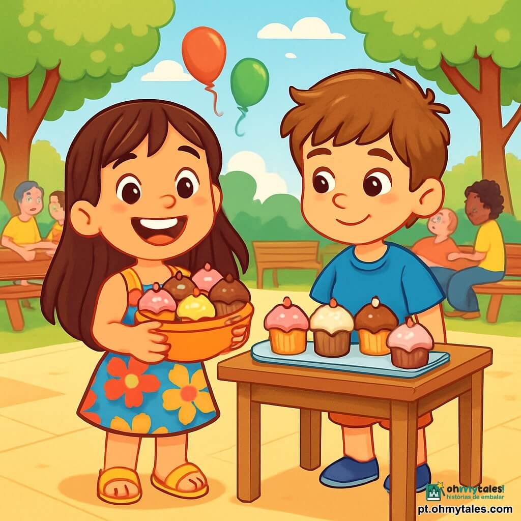 Uma menina de 6 anos, Emília, com longos cabelos castanhos e olhos brilhantes de alegria, sorri amplamente segurando uma tigela de deliciosos bolinhos. Ela veste um vestido colorido com estampas florais e sandálias amarelas, parecendo cheia de entusiasmo e felicidade. Ao seu lado, um menino de 6 anos, João, com cabelos castanhos bagunçados e uma camiseta azul, observa os bolinhos com orgulho, um leve sorriso no rosto, em pé perto de uma mesa de madeira onde estão expostos os bolinhos. A cena acontece em uma charmosa praça ensolarada, cercada por árvores verdes e bancos de madeira, com pessoas sentadas e conversando alegremente, criando uma atmosfera animada e acolhedora. Ao fundo, balões coloridos flutuam no céu azul, acrescentando um toque festivo ao ambiente. Emília e João, juntos, estão vendendo bolinhos caseiros, compartilhando risadas e sorrisos com os transeuntes, ilustrando assim a magia da amizade e o prazer de compartilhar momentos alegres.