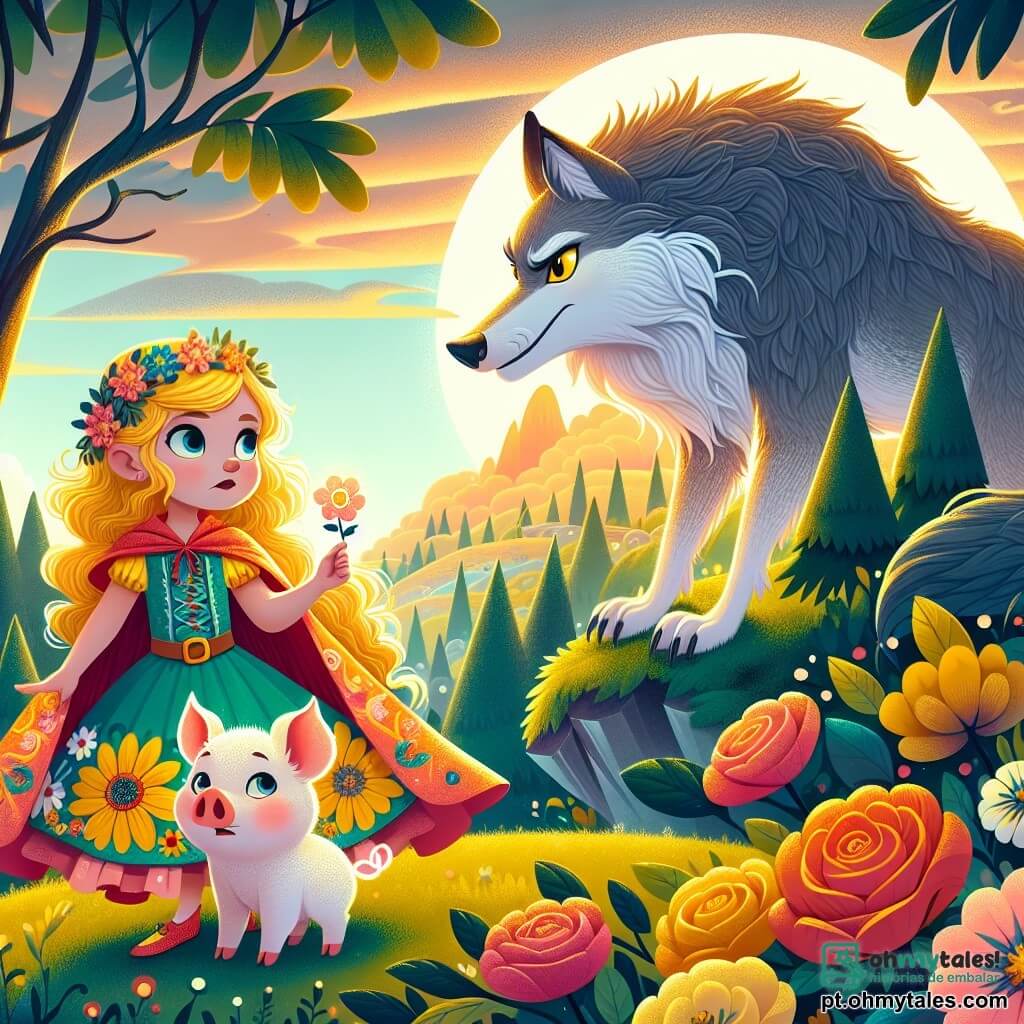 Uma menina de 8 anos, Clara, está corajosamente no topo de uma colina verdejante, com seus cabelos dourados ao vento e olhos azuis brilhando de determinação. Ela usa um vestido colorido decorado com flores e segura uma pena mágica na mão, pronta para defender o tesouro. Ao seu lado, um porquinho chamado Pipo, com pelagem branca e olhos redondos e curiosos, observa o Grande Lobo Mau com admiração, mantendo-se um pouco afastado, como se buscasse apoio. O Grande Lobo Mau, grande e imponente, com pelagem cinza e olhos amarelos penetrantes, está diante deles, com uma expressão intrigada e um pouco hesitante, como se questionasse se poderia realmente fazer amizade. A cena se passa na Montanha da Luz, onde o sol se põe, projetando tons dourados e rosas no céu, enquanto árvores majestosas cercam a colina, criando uma atmosfera mágica e acolhedora. Clara, com bravura, enfrenta o lobo, oferecendo amizade em vez de medo, transformando um momento de tensão em uma bela oportunidade de conexão.