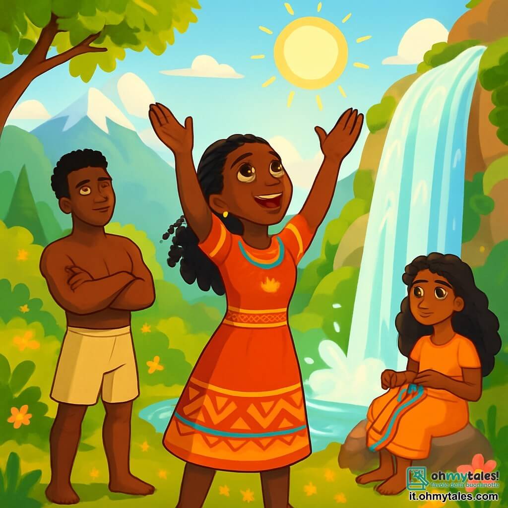 Amina, una donna di circa trent'anni, si trova orgogliosamente al bordo di una cascata scintillante, con gli occhi pieni di speranza e determinazione. Indossa un vestito tradizionale dai motivi vivaci, con colori caldi come il rosso e l'arancione, e i suoi capelli sono intrecciati con cura, lasciando libere alcune ciocche al vento. Accanto a lei, Kofi, un giovane muscoloso di circa 25 anni, ammira la cascata. Ha la pelle scura e indossa un pantaloncino di tessuto leggero, con le braccia incrociate, mostrando la sua forza. Poco più in là, Maya, una donna di vent'anni, è seduta su una pietra, tessendo fili colorati, con i lunghi capelli ricci che fluttuano intorno a lei come una corona. Il luogo è una valle verdeggiante, circondata da montagne maestose con cime innevate, alberi con foglie lucenti e fiori dai colori brillanti. Il sole splende intensamente, creando riflessi nell'acqua chiara della cascata che scorre con un dolce mormorio. La scena principale mostra Amina che chiama il Grande Spirito dell'Acqua, alzando le braccia verso il cielo, mentre Kofi e Maya la osservano con speranza, i loro volti illuminati dalla luce dorata del sole.