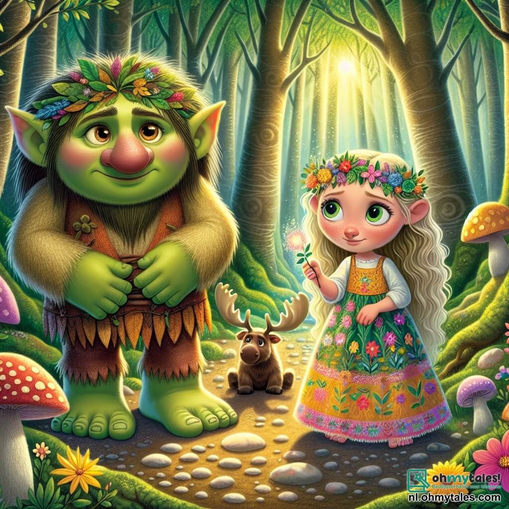 Een grote troll genaamd Grumbel, met ruwe groene huid en zachte hazelnootkleurige ogen, staat in het midden van de scène met een uitdrukking van verdriet gemengd met hoop. Hij heeft een grote ronde kop, puntige oren en draagt een tuniek van bladeren en bloemen. Naast hem kijkt een klein meisje genaamd Lila, ongeveer 8 jaar oud, met krullend goudkleurig haar, vastberaden naar Grumbel terwijl ze een prachtige glinsterende bloem in haar handen houdt. Ze draagt een kleurrijke jurk met bloemenmotieven. Een klein elandje genaamd Pippin, met zachte stekels en sprankelende ogen, ligt om de voeten van Lila gewikkeld en kijkt nieuwsgierig naar de scène.

De setting is een betoverd bos, waar grote majestueuze bomen met dikke stammen de lucht in rijzen, hun glanzende bladeren het zonlicht filteren en licht- en schaduwpatronen op de grond creëren. Multicolore bloemen en glinsterende paddenstoelen bedekken de grond, terwijl een zachte glinsterende waterval op de achtergrond stroomt, wat een vleugje magie aan de omgeving toevoegt.

De hoofdsetting toont Grumbel, Lila en Pippin verenigd in een zoektocht naar de Magische Bloem die door een kwaadaardige heks is gestolen, met een voelbare sfeer van avontuur en vriendschap in de lucht.