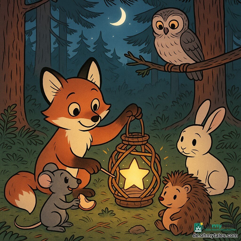 Die Hauptfigur ist der kleine rotbraune Fuchs Finn mit weichem Fell und großen haselnussbraunen Augen, der lächelnd eine leuchtende Sternenlichtkugel in seinen Pfoten hält und sie behutsam in eine aus Zweigen geflochtene Laterne setzt; daneben steht die graue Maus Maya mit runden Ohren, lebhaften Augen und einem Stück Apfel, der schüchterne, entspannte Igel Ivo kauert mit Kiefernadelstücken an den Stacheln nahe der Laterne, ein etwas beschämter, nun beruhigter weißer Hase sitzt beim Bündnis und bewundert den Stern, während eine alte Eule mit grauen Federn auf einem niedrigen Ast über der Szene wohlwollend zusieht; Ort: eine moosige Waldlichtung in der Dämmerung mit Farnen, rauen Kiefernstämmen, Kiefernnadeln und vereinzelten moosbedeckten Steinen, Mondstrahlen filtern durch die Äste, warme Laternenlichtgesichter, glänzende Harztropfen auf Nadeln und ein Hauch von Kiefernduft in der Luft.