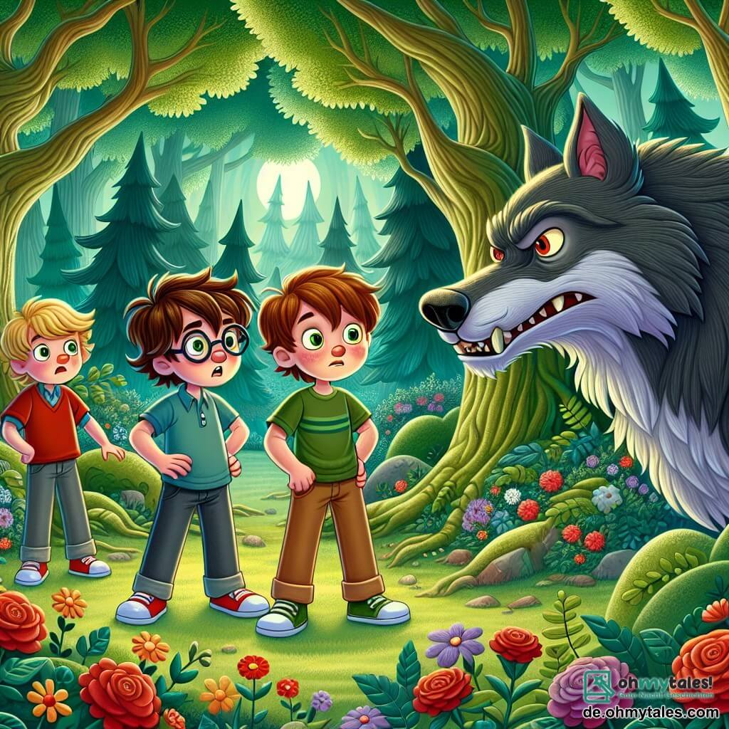 In einer verzauberten Lichtung im Zauberwald stehen drei Jungen mutig vor einem großen bösen Wolf. Max, ein 10-jähriger Junge mit zerzausten braunen Haaren und einem roten T-Shirt, steht in der Mitte und zeigt ein entschlossenes Lächeln. Rechts von ihm schaut Tom, ein 9-jähriger Junge mit blonden Haaren und runden Brillen, neugierig auf den Wolf und trägt einen blauen Pullover. Links steht Leo, der kleinste der drei, 8 Jahre alt, mit braunen Haaren und einem besorgten Ausdruck, gekleidet in ein grünes T-Shirt.

Der große böse Wolf mit grauem Fell und durchdringenden Augen steht vor ihnen mit sichtbaren Zähnen in einem bedrohlichen Grinsen. Die Lichtung ist von majestätischen Bäumen mit dicken Stämmen und leuchtenden Blättern umgeben, während bunte Blumen den Boden schmücken und der Szene einen Hauch von Magie verleihen.

Die Jungen, vereint durch ihre Freundschaft, sind bereit, den Wolf herauszufordern, entschlossen, ihn mit ihrer Einfallsreichtum zu überwinden. Der Wolf, neugierig und etwas überrascht, scheint zu zögern, was eine spürbare Spannung in der Luft erzeugt.