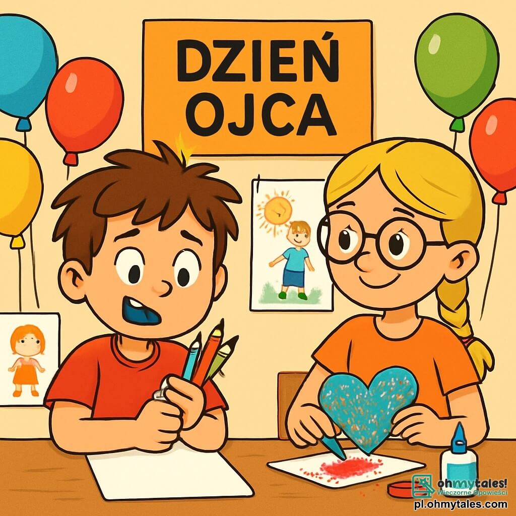 Ośmioletni chłopiec, Kubuś, z rozczochranymi brązowymi włosami i wielkim radosnym uśmiechem, siedzi przy biurku szkolnym. Ma błyszczące od ekscytacji oczy i trzyma w rękach kolorowe kredki. Obok niego Zosia, siedmioletnia dziewczynka z blond warkoczami i okularami, tworzy błyszczącego laurkę z kolorowego papieru i brokatu. Patrzy na Kubuśa z tajemniczym uśmiechem. W tle klasa jest ozdobiona rysunkami dzieci i kolorowymi balonami, a na ścianie wisi duża tablica z napisem "Dzień Taty". Kubuś, skoncentrowany i trochę zaniepokojony, patrzy na swoją białą kartkę, zdając sobie sprawę, że zapomniał niebieskich kredek, podczas gdy jego koledzy przygotowują niespodzianki dla swoich tatów.