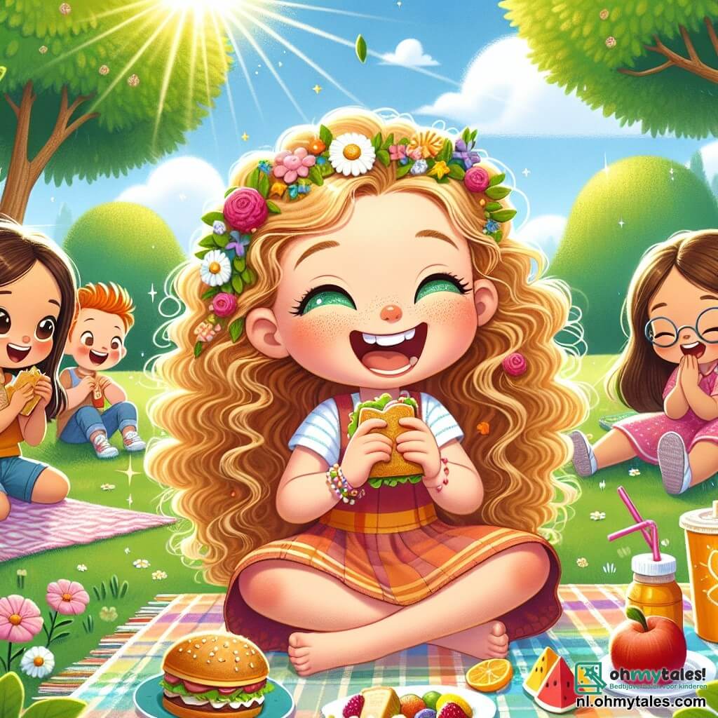 Een 7-jarig meisje, Lotte, met lange krullende haren en sprankelende ogen, zit op een kleurrijk dekentje in een zonnig park. Ze glimlacht vrolijk, met een sandwich in de ene hand en een fruit in de andere, omringd door haar vriendinnen. Sara, een ander 7-jarig meisje met blond haar en vlechten, zit naast haar en lacht terwijl ze een hap van haar taart neemt. Emma, ook 7 jaar oud, met bruin haar en een bril, verstopt zich achter een boom, klaar om verstoppertje te spelen. Het park is vol groen, met grote bomen met heldere bladeren en kleurrijke bloemen die dansen in de lichte bries. In de verte is er een heldere blauwe lucht met een paar donzige witte wolken. Lotte en haar vriendinnen genieten van een schermvrije dag, lachend en spelend samen, en creëren onvergetelijke herinneringen in de natuur.