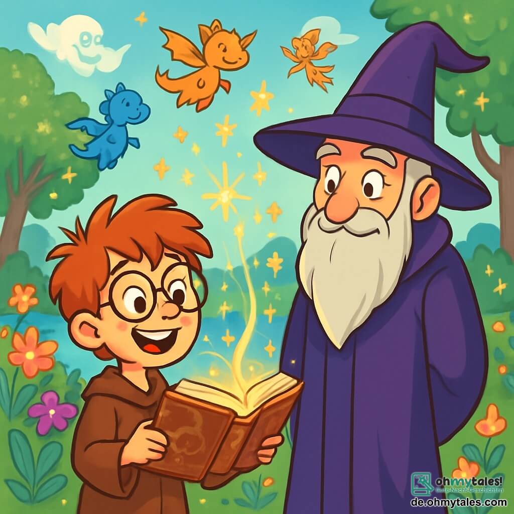 Ein junger Zauberer namens Finnian, etwa 10 Jahre alt, mit großen runden Brillen und zerzausten roten Haaren, steht am Ufer eines funkelnden Sees. Er ist erstaunt und lächelt, während er ein magisches Buch hält, das in goldenem Licht strahlt. Neben ihm beobachtet ein alter Zauberer, Meister Borax, in einem langen lila Mantel und einem riesigen spitzen Hut, mit einem wohlwollenden Lächeln und funkelnden Augen voller Weisheit. Der Ort ist ein magischer Garten, gefüllt mit bunten, sanft singenden Blumen, glänzenden Blättern an den Bäumen und Glühwürmchen, die in der Luft tanzen. Im Hintergrund ist ein hellblauer Himmel mit Wolken in Form fantastischer Kreaturen. Die Hauptsituation zeigt Finnian, der sein magisches Buch benutzt, um leuchtende Funken heraufzubeschwören, während magische Wesen wie kleine Drachen und Feen um sie herumfliegen und eine fröhliche, verzauberte Atmosphäre schaffen.