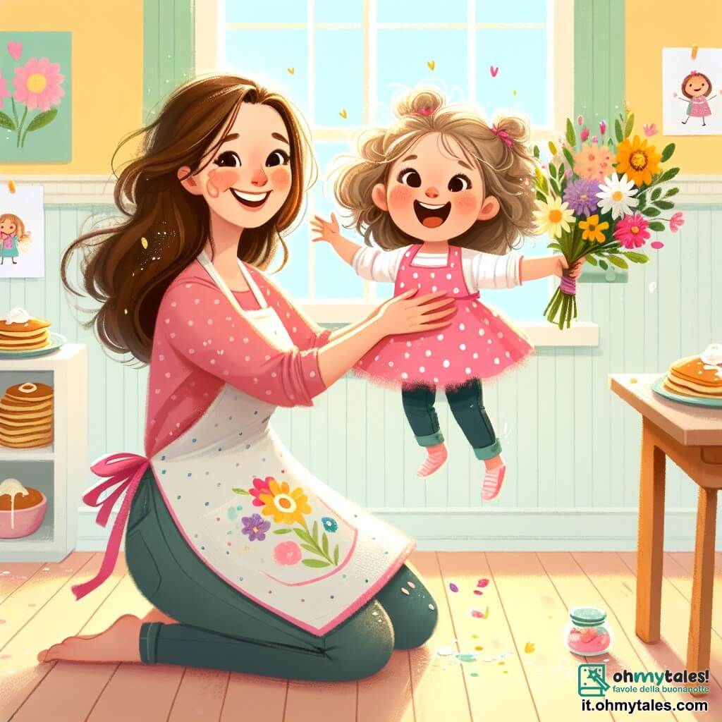 Una bambina di 3 anni, con capelli ricci e occhi scintillanti di gioia, si trova al centro dell'immagine, tenendo un bel mazzo di fiori colorati tra le braccia. Indossa un vestito rosa a pois e mostra un ampio sorriso, traboccante di eccitazione e amore per la sua mamma. Accanto a lei, sua madre, una donna di circa 30 anni con lunghi capelli castani e un sorriso caloroso, è accovacciata con le braccia aperte, pronta ad accogliere la figlia. Indossa un grembiule da cucina e ha delle macchie di farina sul viso, segno della sua preparazione di pancake. Lo sfondo è una cucina luminosa e accogliente, con muri dipinti di giallo pastello, una grande finestra che lascia entrare la luce del sole e un tavolo di legno carico di deliziose crêpes. Disegni di bambini decorano il frigorifero, aggiungendo un tocco di felicità all'atmosfera. La scena principale mostra la bambina che offre il suo mazzo di fiori e il suo disegno alla madre, creando un momento magico e tenero di celebrazione della festa della mamma, pieno di amore e complicità.