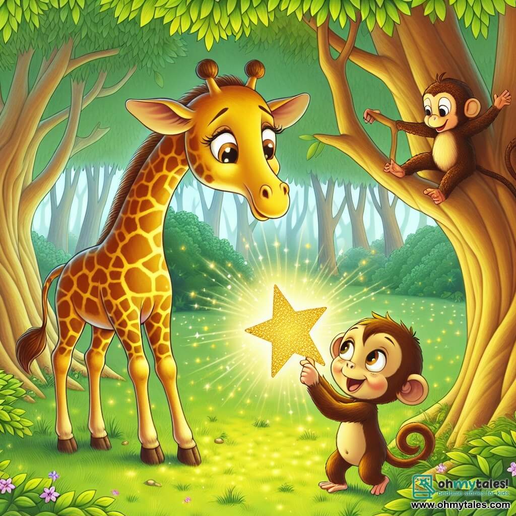 A giraffe named Gemma, with golden fur speckled with brown spots, stands proudly in the center of the scene, her long neck stretching towards the sky. Her large eyes shine with excitement and curiosity as she discovers a sparkling star delicately placed on the green grass. Beside her, a mischievous little monkey named Milo, with brown fur and twinkling eyes, joyfully climbs on a tree branch, laughing and enthusiastically pointing at the star. The setting is an enchanted clearing surrounded by majestic trees with vibrant green leaves, where rays of sunlight filter through the foliage, creating bright patterns on the ground. The scene exudes a magical atmosphere, filled with vivid colors and sweetness. Gemma, amazed, approaches the fallen star, ready to pick it up, while Milo encourages her with a cheeky smile, creating a moment of discovery and friendship in the heart of nature.