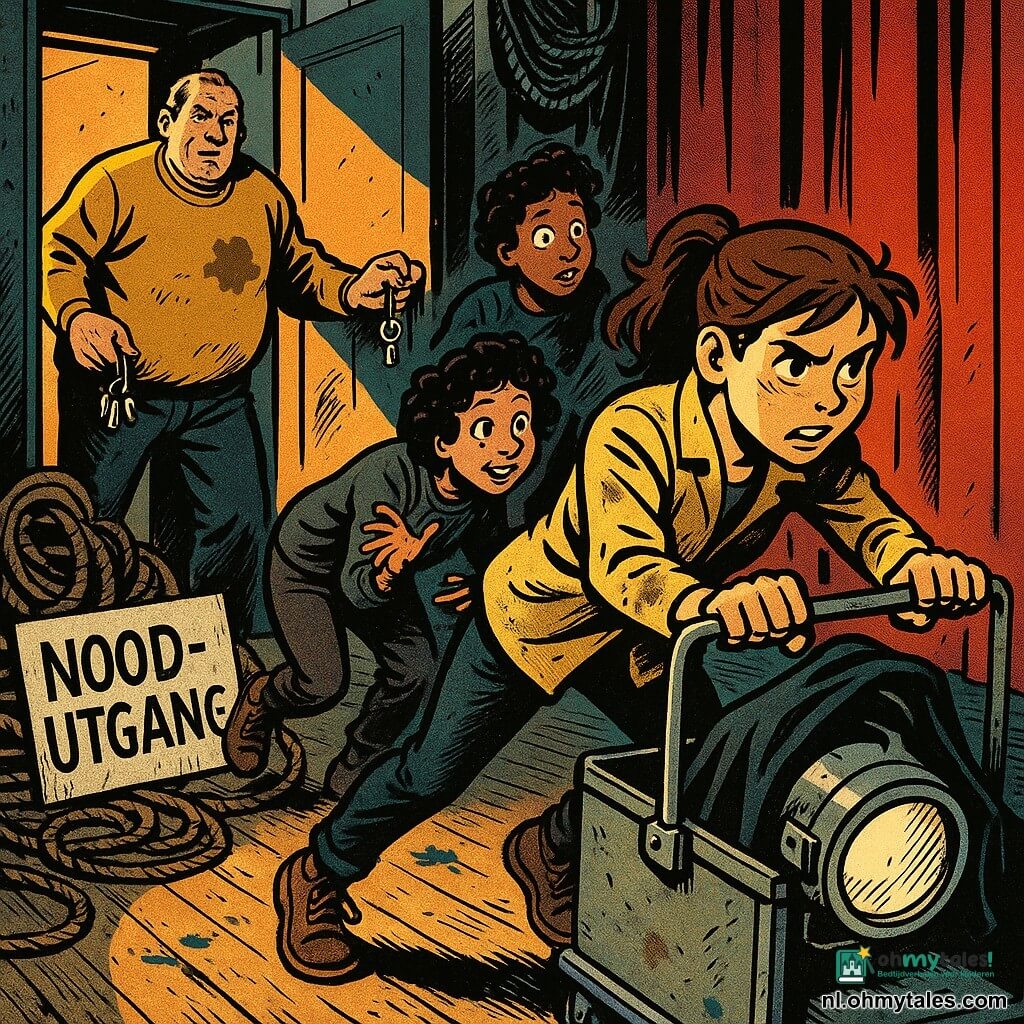 Noor, 12 jaar, geconcentreerd en vastberaden met kastanjebruin haar in een staart en een lichtgele jas met stofvlekken, duwt een metalen kar met een rond spotlicht onder een zwarte doek; Yara, ~12, ondeugende, korte krullen, loopt direct achter Noor alert om te helpen; Sara, ~11–12, opgelucht en beschaamd, met een schort met zilverkleurige verfvlekken wijst vanaf de ingang van een klein technische ruimte links naar het spotlicht; Meneer Kees, ~50, lang en gezet in een felgele trui met een grote vlek, houdt een glimmend sleutelbos terwijl hij de deur van het magazijn opent; achtergrond: coulissen van een schooltoneel met versleten houten vloer, touwen en kabels, een bord "NOODUITGANG" tegen de muur en een rood gordijn; situatie: drie kinderen halen gehaast een zilveren spot van een kar onder een zwarte doek, blauwe verfspatten en zwarte wielsporen leiden naar de ruimte, warm licht van achteren werpt sterke schaduwen en geeft een opgeloste, mysterieuze sfeer.