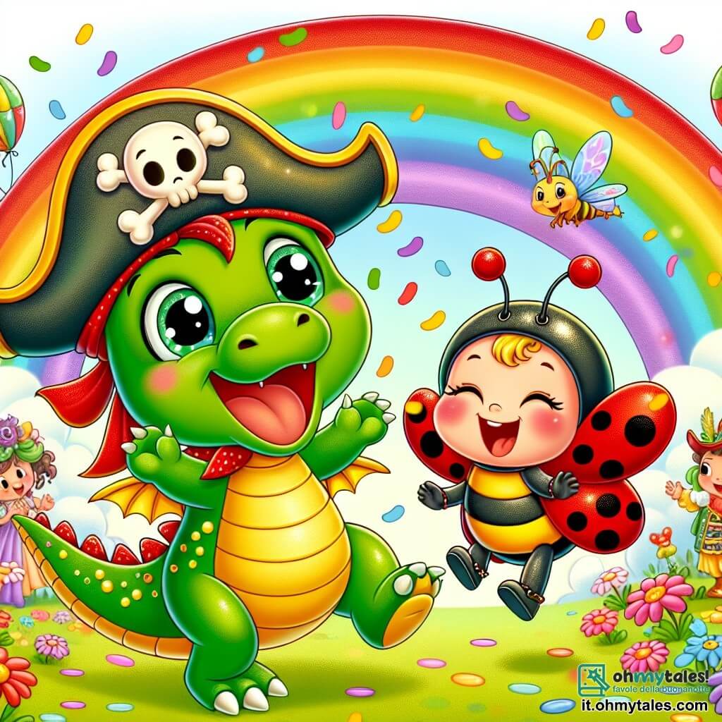 Un piccolo drago allegro di nome Pufi, con squame verdi brillanti e grandi occhi scintillanti, indossa un cappello da pirata colorato e balla con entusiasmo sotto un arcobaleno magico. Accanto a lui, una coccinella sorridente di nome Lilla, con ali rosse a pois neri, fluttua in aria agitando le zampette, piena di eccitazione. Si trovano in un parco incantato, pieno di fiori multicolori e coriandoli fluttuanti, dove bambini in costume ridono e si divertono attorno a loro. La scena cattura lo spirito gioioso del carnevale, con colori vivaci e un'atmosfera festiva, mentre Pufi e Lilla scoprono insieme l'arcobaleno magico.