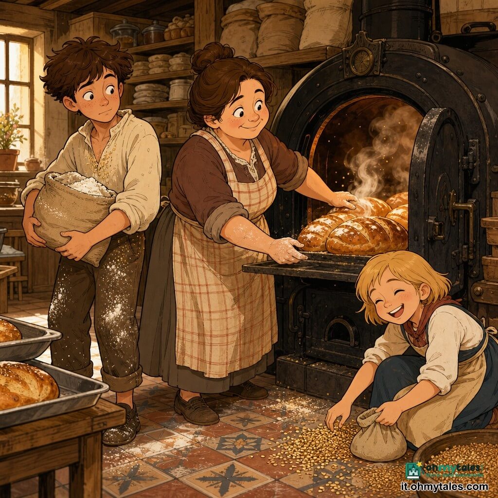 Protagonista: Lucia, fornaia sorridente e serena, volto rotondo, capelli castani raccolti, grembiule a quadri, mani infarinate, apre dolcemente la grande porta del forno di ghisa; secondaria: Rosa, ~12 anni, capelli biondi corti, accovacciata a destra a raccogliere semi di sesamo con un sacchetto di tela; secondario: Tommaso, ~14 anni, capelli castano chiaro spettinati, a sinistra con un sacco di farina; interno caldo di una vecchia panetteria con scaffali di legno e sacchi di farina, teglie metalliche, nuvole di farina e luce dorata da una finestra; la porta del forno si apre su pagnotte fumanti e croccanti con vapore visibile; stile grafico a colori caldi (ocra, marrone, giallo dorato), linee nette e contorni neri in stile fumetto franco‑belga, espressioni benevole e texture farinose; composizione a piano medio con i tre personaggi disposti a triangolo attorno al forno, fuoco sui pani e scaffali sfocati sullo sfondo.