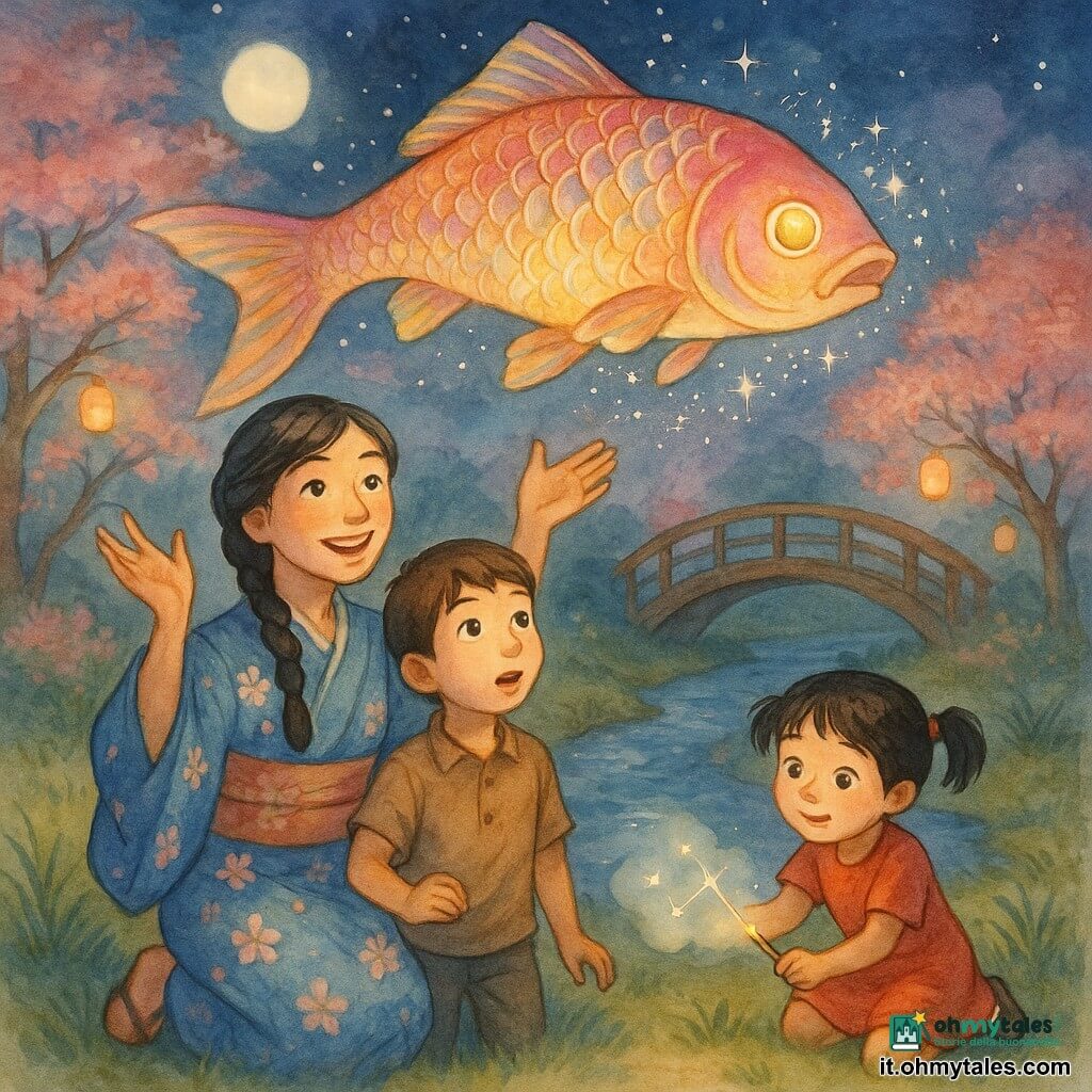 Una donna, Aiko, sorridente e benevola, capelli neri intrecciati, kimono blu a fiori di ciliegio, mani alzate verso il cielo a indicare la via con dolcezza; un ragazzo di circa 8 anni, capelli corti castani, tiene la mano destra di Aiko e guarda la carpa volante; una bambina di circa 6 anni, code nere, vestito rosso con ginocchia sporche d'erba, cerca di disegnare costellazioni su una nuvola con un piccolo bastoncino luminoso a sinistra di Aiko. Una grande carpa arcobaleno dalle scaglie iridescenti rosa, oro e blu fluttua sopra il ruscello, occhi come lanterne e scrosci di stelle argentate intorno a lei. Giardino segreto: ruscello di pietre luminescenti, ponte di legno curvo, ciliegi in fiore sotto la luna, erba bassa e lanterne di carta sospese; cielo notturno profondo punteggiato di stelle e nuvole morbide. Scena principale: Aiko e i bambini seguono la carpa nel cielo stellato sopra il ruscello, morbida luce lunare e riflessi colorati nell'acqua, atmosfera magica e calda; composizione centrata sulla carpa in volo e sui volti meravigliati, stile acquerello delicato, palette pastello con accenti dorati.