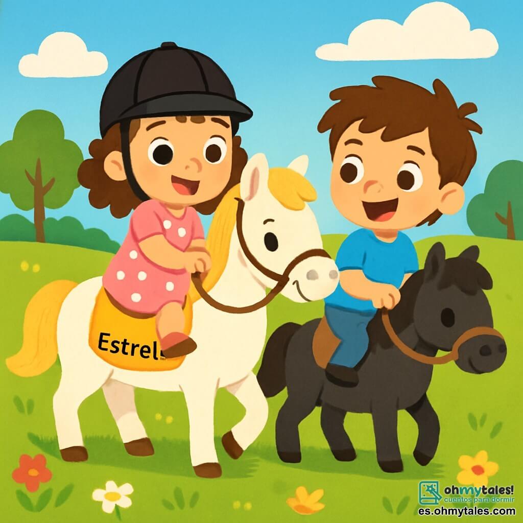 Una niña de 2 años, con grandes ojos brillantes y cabello rizado, sonríe alegremente mientras monta un caballo blanco llamado Estrella. Lleva un bonito vestido rosa con lunares y un pequeño casco de seguridad. A su lado, un niño de 3 años, con cabello castaño desordenado y una camiseta azul, la anima con una gran sonrisa. Sostiene las riendas de su propio caballo, un pony negro, y está justo al lado de Estrella. La escena se desarrolla en un amplio campo verde, salpicado de flores coloridas y bajo un cielo azul brillante. A lo lejos, se pueden ver árboles majestuosos y una suave colina. Sofia y Lucas están listos para una carrera amistosa, con sus rostros iluminados de emoción. Los caballos están en posición, listos para galopar, mientras que otros niños los miran con impaciencia, ansiosos por ver quién ganará esta hermosa carrera.