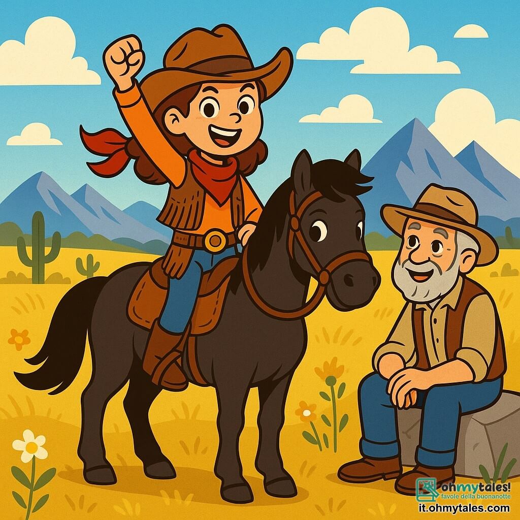 Una giovane cow-girl di undici anni, Lucy, sta in piedi orgogliosamente sul suo cavallo nero, con un sorriso determinato e occhi scintillanti di eccitazione. Indossa un cappello da cowboy usurato, un gilet di pelle decorato con frange e un foulard rosso vivo attorno al collo. Accanto a lei, il vecchio Bill, un uomo di sessant'anni con capelli grigi e una barba folta, la incoraggia con uno sguardo benevolo, seduto su una pietra, una mano sul ginocchio. Lo scenario è una vasta prateria dorata, punteggiata di fiori selvatici, con maestose montagne sullo sfondo e un cielo blu brillante punteggiato di nuvole bianche e soffici. In lontananza, silhouette di cactus si ergono contro l'orizzonte. La scena principale mostra Lucy pronta a partecipare a una competizione di cowboy, alzando un pugno in aria, piena di coraggio e determinazione, mentre il vento fa svolazzare il suo foulard.