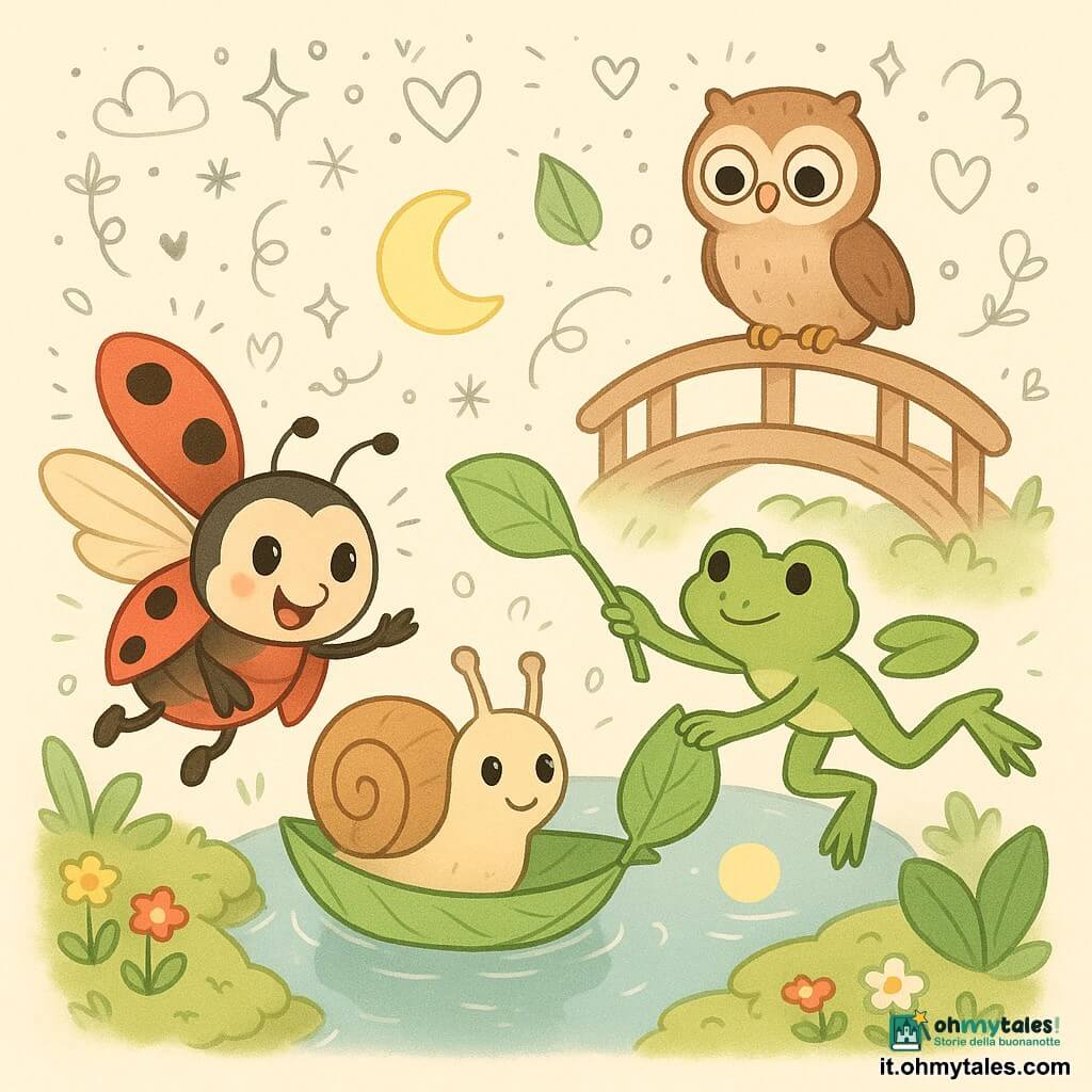 Una coccinella rossa a sei puntini, occhi rotondi e sorriso, apre le ali e porge una zampa per aiutare; una lumaca beige con conchiglia a spirale marrone siede su una grande foglia trasformata in barca al centro del ruscello; un ranocchio verde sta per posare un'altra foglia sopra la barca; un gufo bruno dagli occhi grandi osserva dal parapetto di un ponticello di assi chiare; luogo: ruscello calmo sotto il ponticello, acqua a specchio che riflette la pallida luna gialla, rive muschiose con fiori piccoli e colorati e grandi foglie; situazione: la coccinella aiuta la lumaca ad attraversare grazie alla barca-foglia portata dal ranocchio, atmosfera notturna dolce e cooperativa.