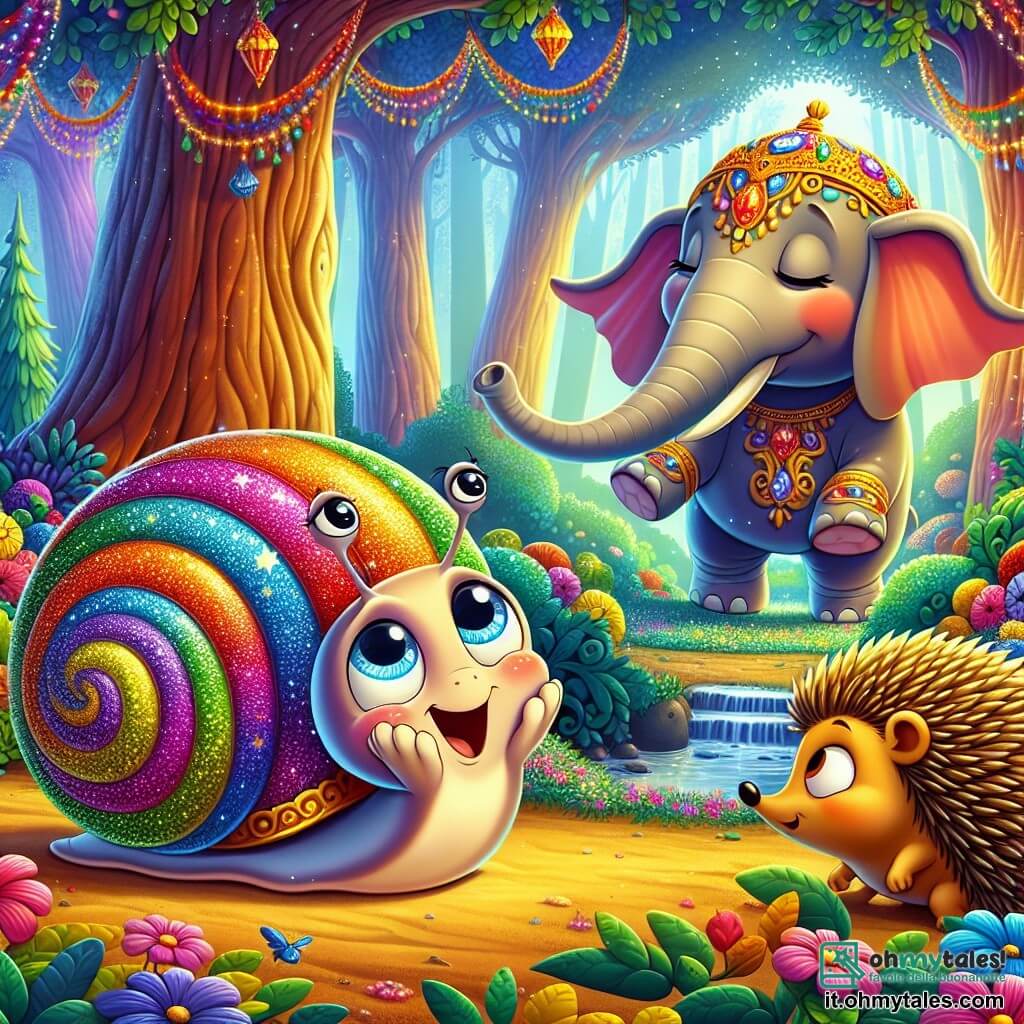 Un piccolo lumacone di nome Lino, con un guscio colorato a spirale e occhi scintillanti di curiosità, si trova al centro della scena, un grande sorriso sul volto, mentre osserva con meraviglia un elefante danzante. Accanto a lui, Berto il riccio, un piccolo riccio con le spine dorate, cerca di farsi strada per vedere meglio, gli occhi brillanti di eccitazione. Sullo sfondo, Gigi l'elefante, grande e maestoso, muove le sue grandi zampe con una grazia goffa, un'espressione gioiosa sul volto. La scena si svolge in una foresta incantata, con alberi alti e fogliosi e fiori colorati che tappezzano il suolo, mentre un ruscello scintilla nelle vicinanze. Lino e Berto incoraggiano Gigi, che si allena a danzare, creando un'atmosfera di festa e amicizia, piena di risate e gioia.