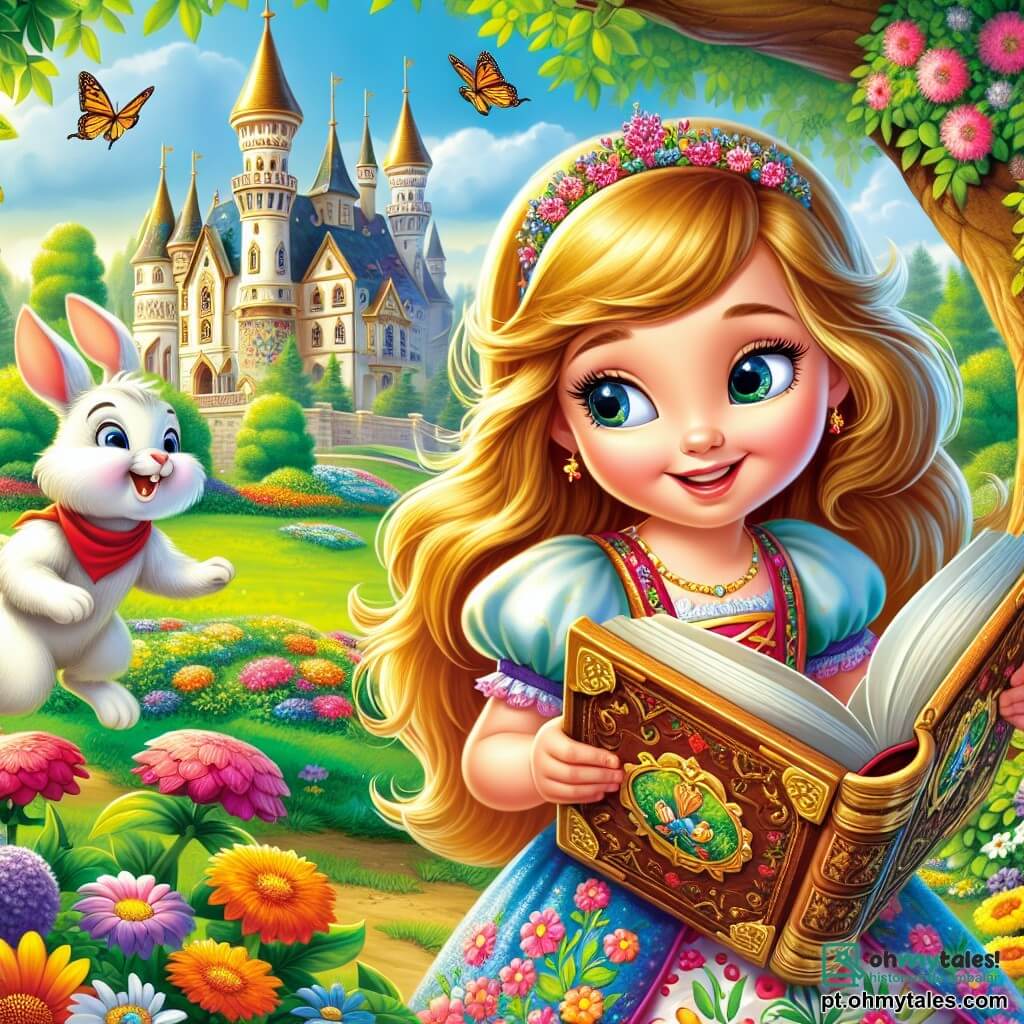 A princesa Sofia, uma menina de cerca de 10 anos, tem longos cabelos dourados que brilham ao sol e olhos cintilantes como estrelas. Ela usa um vestido colorido adornado com flores, e seu rosto expressa grande curiosidade e excitação enquanto segura um antigo livro de madeira, descobrindo um tesouro misterioso. Ao seu lado está Tobias, um coelho branco travesso com grandes orelhas, que salta alegremente, com um sorriso malicioso no rosto. A cena se passa em um jardim encantador, cheio de flores vibrantes, grandes árvores verdes e borboletas voando ao redor. Ao fundo, um velho castelo se ergue majestoso, com torres brilhantes sob o sol. A situação principal mostra Sofia e Tobias descobrindo o velho livro escondido sob uma raiz de árvore, prontos para partir em uma aventura em busca de um tesouro mágico, cercados pela beleza da natureza e pela emoção do desconhecido.