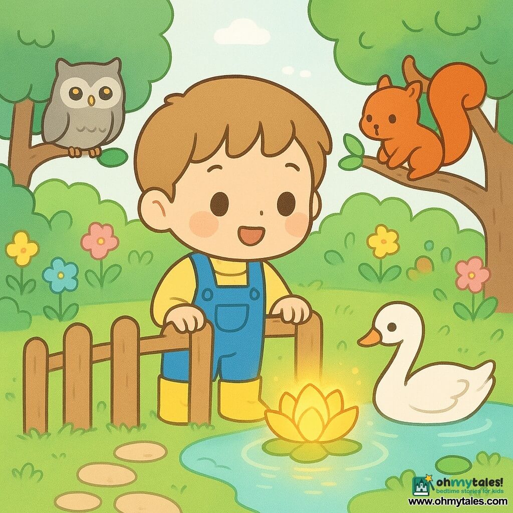 A 4-year-old boy with short light-brown hair, round sparkling eyes and a smiling, wonder-filled face wears blue overalls and yellow boots, gently holds the wooden gate of a secret garden and looks at a glowing golden water-lily on a small pond; a small red squirrel with bright black eyes perches on a branch to his right, a gray owl with large golden eyes sits on a left background branch, and a white swan glides on the pond; the sunny clearing is surrounded by emerald round-leaf trees, lantern-like multicolored flowers, soft grass and pale stone paths, with a calm, magical, kawaii-minimal atmosphere, pastel-vivid colors, smooth textures, light shadows and a centered composition.