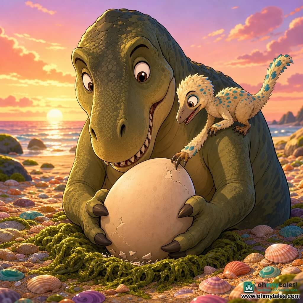 A massive, gentle Tyrannosaurus rex with a surprised, tender face, olive-green textured skin with small shiny scales, big wet eyes and non-threatening visible teeth cradles a pale egg on its broad belly while slowly placing it into a soft, mossy seaweed nest dug in the golden sand; nearby a small, feathered troodon named Pip with cream plumage and turquoise spots perches on the T. rex’s right shoulder, mischievous and protective, touching the egg with a toe. The Shellshore beach features golden sand scattered with multicolored shells, smooth polished rocks, tufts of green seaweed and a calm, silver-reflecting sea under a golden-pink sunset; small shell fragments and a visible crack lie near the egg, warm light and soft shadows center the composition to convey tenderness and protection.