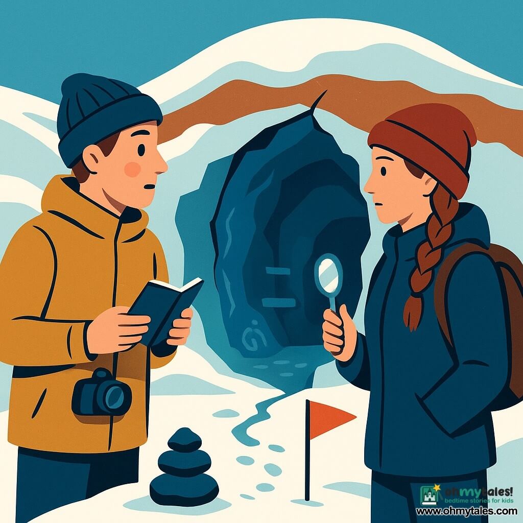 An adult man stands beside a wide crack in a pingo, face awed and focused, cheeks pink from the cold, wearing a waxed coat and wool hat, holding a notebook and camera and staring at the blue entrance of the cavity; beside him, a sturdy female guide in her late 20s with braided frozen hair, serious but kind, holds a small silver mirror reflecting a ray of light into the cavity and stands slightly back; background: rounded pingo hill of brown-ochre earth and powdery snow, a large fissure revealing smooth blue-green ice and a small interior space with stone shelves and spiral carvings; foreground: a small cairn of black stones on the snow with a red marker flag and footprints leading to the crack; graphic mood: cool palette of whites, blues and grays with warm ochre and red accents, bold color-block shapes, simple textures, strong contrasts and side lighting emphasizing ice reflections; composition: figures center-left, luminous fissure center, cairn and flag in foreground guiding the eye; clear, legible, iconic style suitable for a youth poster.