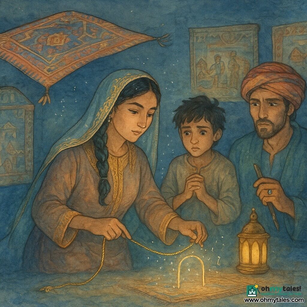 The scene shows a wise, determined woman, Samira, with a serene but focused expression, olive skin and black hair braided under a light gold-embroidered veil; she calmly places a knotted silk measuring cord on a small drawn "door" on the floor. A dusty, simple-clothed boy, Yasin, about 12, hair tousled, stands behind her to the right, hands clenched and worried but brave, ready to close a tall wooden window. To the left is Nadir, about 25–30, slim, wearing colorful turbans and shiny rings, shoulders hunched, face torn between regret and defiance, holding a blue-painted brush set on the ground. An old flying carpet with rich geometric patterns and faded colors floats slightly behind Samira, its folds animated and expression rough but loyal. In the background a large luminous embroidery frame fills the space, threads of light forming floating numbers and a small sparkling door on the floor; embroidered tapestries on the walls show market scenes. The night scene is lit by warm brass lanterns with soft shadows and flecks of blue paint at the edges; palette of ochres, indigos, turquoise and faded gold. Visual style: fluid watercolor with visible fabric textures, fine white gel-pen highlights on rings and knots, touches of gold on embroidery, composition centered on Samira closing the magical door.