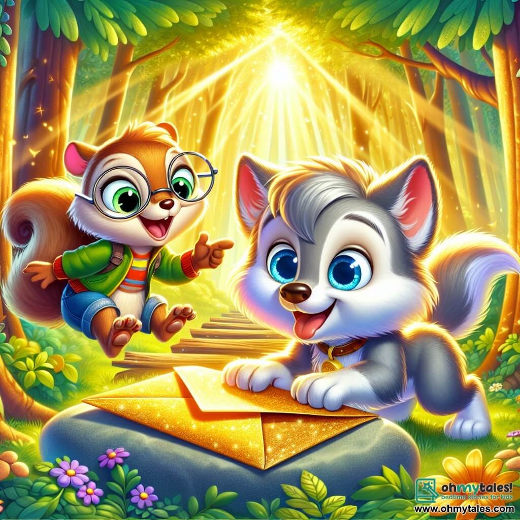 A little wolf named Wally, with bright blue eyes and fluffy gray fur, stands at the center of the scene, displaying a joyful and curious smile. He is discovering a sparkling golden envelope resting on a rock, his delicate paws brushing against the paper. Beside him, a squirrel named Sammy, wearing small round glasses and a colorful vest, jumps excitedly, his eyes sparkling with excitement. He points to the envelope, showing Wally the importance of their discovery. The scene takes place in an enchanted forest, bathed in golden light, with majestic trees and vibrant green leaves, and colorful flowers scattered on the ground. Sun rays filter through the branches, creating a magical atmosphere. The main situation shows Wally and Sammy ready to embark on their time adventure as they discover the mysterious invitation that will lead them to a distant time filled with promises and discoveries.
