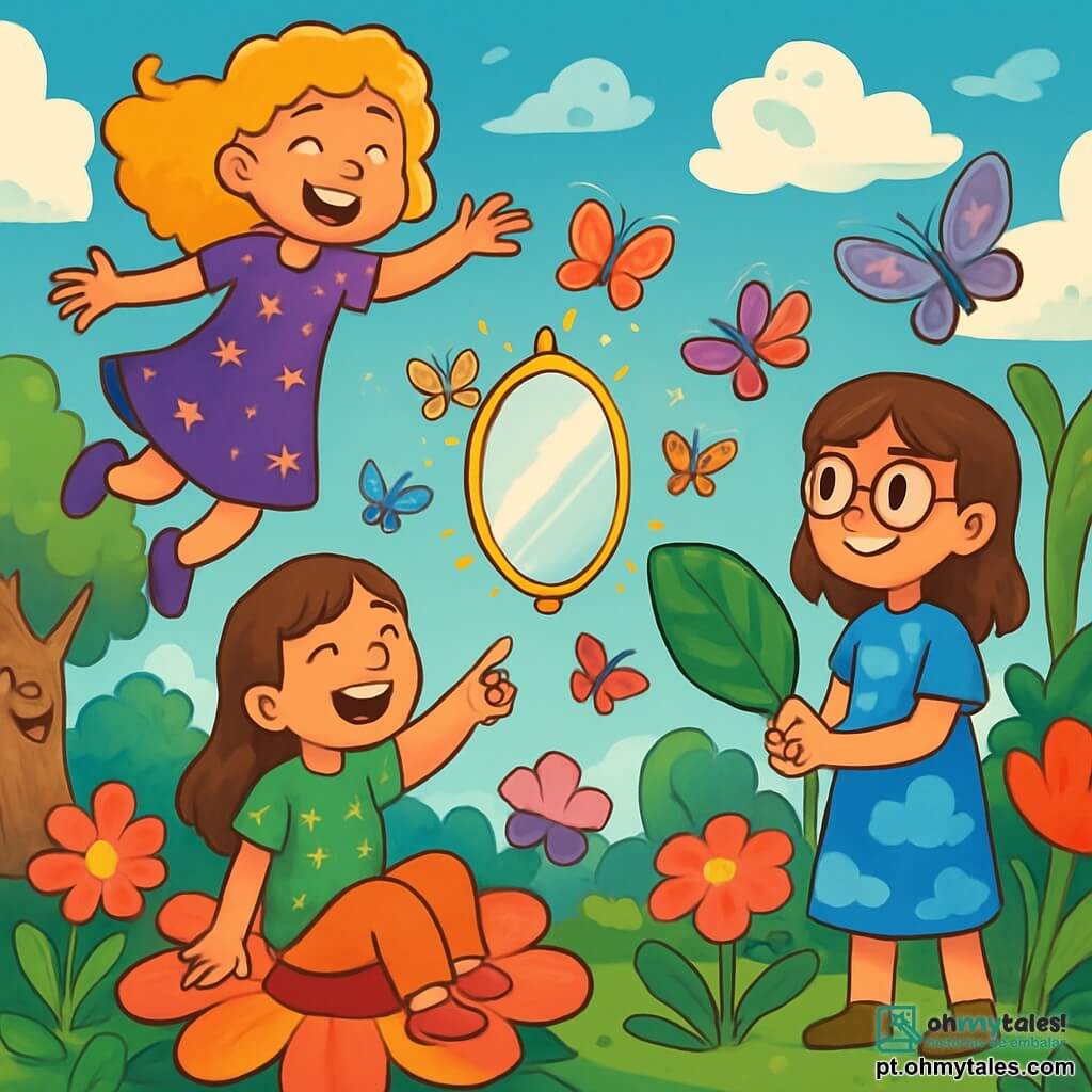 Há 3 personagens: - Luna: uma menina de 10 anos, com cabelos cacheados e dourados, vestindo um vestido roxo adornado com estrelas brilhantes. Ela está flutuando no ar, com um grande sorriso no rosto, os braços abertos como se estivesse dançando. - Mia: uma menina de 9 anos, com cabelos castanhos e lisos, vestida com uma túnica verde com padrões de flores. Ela está sentada em uma grande flor colorida, rindo e apontando para Luna que flutua. - Clara: uma menina de 11 anos, com cabelos castanhos e óculos redondos, vestindo um vestido azul com padrões de nuvens. Ela está em pé ao lado de uma planta gigante, segurando uma folha de magnólia na mão, com uma expressão concentrada e divertida. O cenário é um campo encantado, repleto de flores gigantes em cores vibrantes, árvores com troncos torcidos que parecem sorrir, e um céu azul salpicado de nuvens em forma de criaturas fantásticas. Um grande espelho flutuante brilha no centro da cena, cercado por borboletas coloridas que voam alegremente. A situação principal da história mostra Luna flutuando no ar após beber água de chocolate, enquanto Mia ri em uma flor gigante e Clara, com um olhar determinado, segura a folha de magnólia, pronta para ajudar sua amiga a descer. A atmosfera é alegre e mágica, cheia de risos e cores vivas.