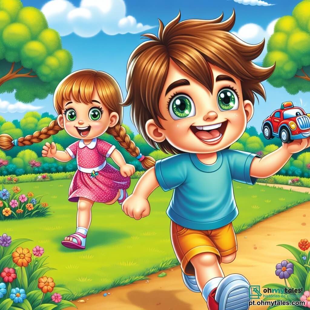 Um menino de 6 anos, Léo, com cabelos castanhos bagunçados, olhos brilhantes e um grande sorriso, está correndo alegremente em um parque verdejante, segurando um carrinho vermelho nas mãos. Ele usa uma camiseta azul e um short amarelo, e seu rosto expressa grande excitação e felicidade. Ao lado dele, Ana, uma menina de 6 anos com longos cabelos loiros trançados e olhos verdes brilhantes, o segue rindo. Ela veste um vestido rosa de bolinhas e sandálias brancas, com uma expressão de alegria e amizade. O parque está cheio de flores coloridas, árvores majestosas e um céu azul claro com nuvens brancas fofas. Crianças brincam ao redor e famílias descansam em cobertores. A cena principal mostra Léo e Ana correndo juntos de mãos dadas, celebrando sua amizade e a igualdade entre meninos e meninas, com risadas e sorrisos que iluminam o parque.