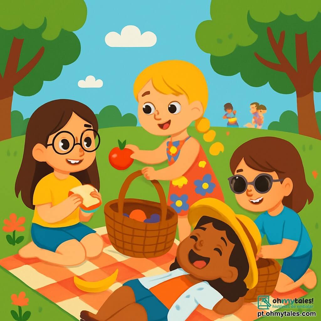 Há 4 crianças: Sofia, uma menina de 8 anos com cabelos longos e castanhos e óculos redondos, vestindo uma camiseta amarela e um short jeans, sentada em uma toalha de piquenique, sorrindo e segurando um sanduíche; Clara, uma menina de 7 anos com cabelos loiros trançados e um vestido florido, em pé ao lado de Sofia, estendendo os braços para pegar uma maçã na cesta; Mariana, uma menina de 8 anos com cabelos cacheados e um chapéu de palha, vestindo um maiô sob uma camisa leve, deitada na toalha, rindo e olhando para as nuvens; e Beatriz, uma menina de 7 anos com cabelos castanhos e óculos de sol, vestindo uma camiseta azul e um short, agachada perto de uma cesta, tirando frutas. O cenário é um parque ensolarado, com grandes árvores verdes e flores coloridas ao redor, e uma toalha de piquenique estendida na grama, cercada por risos de crianças brincando ao longe. As quatro amigas estão aproveitando um piquenique alegre, compartilhando sanduíches e frutas, rindo e se divertindo sob o sol brilhante.