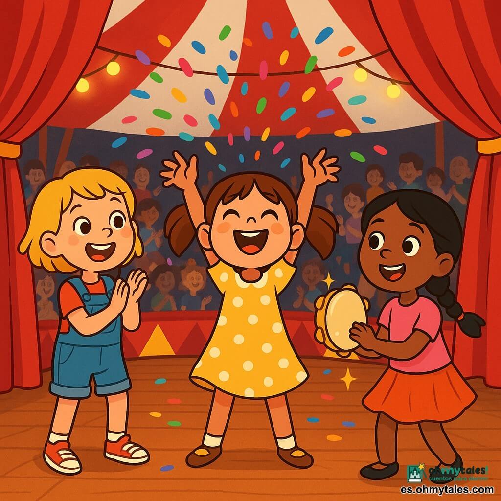 Tres niñas de 6 años en el centro de una gran carpa de circo roja y blanca con suelo de madera y cortinas de terciopelo: Lola, pelo castaño en coletas, vestido amarillo de lunares blancos, en el centro lanzando una nube de confeti multicolor con ambas manos; Marta, pelo rubio corto, peto azul y zapatillas rojas, a la izquierda aplaudiendo y sonriendo hacia el público; Sofía, pelo negro trenzado, falda rosa y tamborín brillante en la mano derecha, a la derecha sacudiéndolo al ritmo, ojos brillantes; guirnaldas de luces amarillas en el techo, gradas difuminadas con siluetas aplaudiendo y confeti cayendo por todas partes, final del espectáculo con colores vivos, movimientos dinámicos y atmósfera festiva y segura para niños.