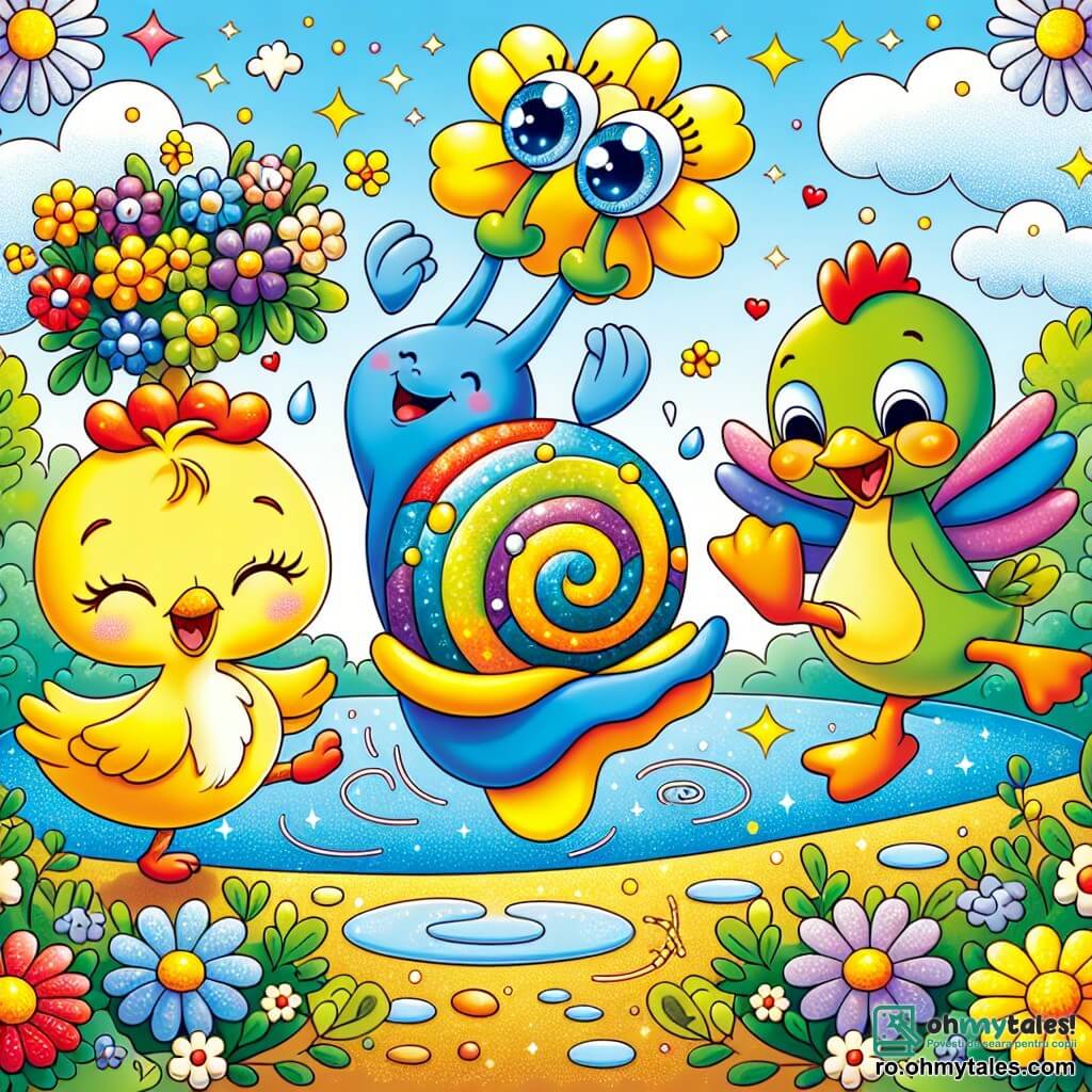 Un melc pe nume Săndel, cu o cochilie colorată în spirală și o față zâmbitoare, se află în centrul imaginii, cu ochii strălucind de curiozitate, purtând un buchet frumos de flori pe cap. La dreapta lui, o găină pe nume Gina, cu pene aurii și un aer vesel, dansează bătând din aripi, iar la stânga lui, o rață pe nume Rațel, cu un penaj verde și galben, râde stând pe o picior, pregătită să sară. Scena se desfășoară pe marginea unui iaz strălucitor, înconjurat de flori vibrante, sub un cer albastru presărat cu nori pufoși. Săndel, Gina și Rațel se distrează împreună, dansând și râzând, creând o atmosferă veselă și jucăușă, plină de viață și prietenie.