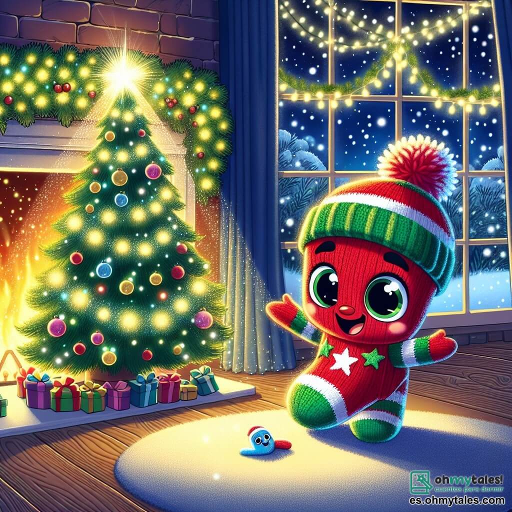 Un pequeño calcetín rojo brillante llamado Calcetínito, con rayas verdes y un pompón en la punta, se encuentra alegremente sobre una chimenea decorada con guirnaldas luminosas. Sus ojos brillan de emoción y su radiante sonrisa muestra su entusiasmo por la Navidad. A su lado, su amigo Azulito, un calcetín azul con estrellas blancas, mira con asombro, con los ojos muy abiertos y una gran sonrisa en el rostro, mientras señala un árbol de Navidad brillante. El lugar es una acogedora sala de estar, llena de decoraciones festivas: un gran árbol iluminado ocupa el centro, rodeado de regalos coloridos, y copos de nieve caen suavemente afuera a través de la ventana. La situación principal muestra a Calcetínito y Azulito descubriendo la magia de la Navidad, listos para compartir su alegría con los niños, mientras se preparan para vivir una aventura inolvidable.