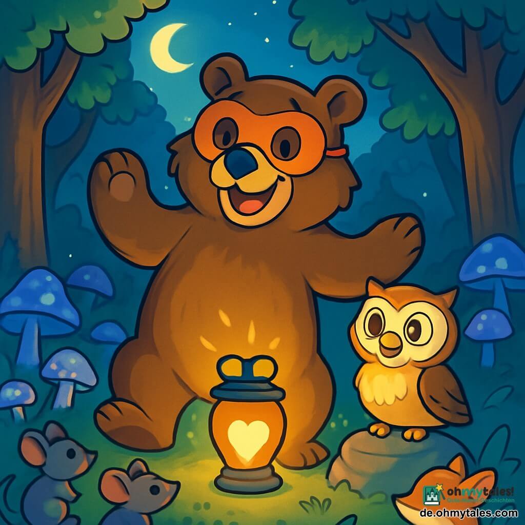 Ein großer Braunbär namens Lumo steht in der Mitte einer Lichtung, die von sanftem goldenem Licht erhellt wird. Er trägt eine orangefarbene Filzmaske mit runden Augen und einem breiten Lächeln, das eine fröhliche und begeisterte Ausdruck zeigt. Seine Pfoten sind leicht erhoben, als ob er gleich tanzen möchte. Neben ihm sitzt eine kleine Eule namens Funke mit großen glänzenden Augen und hellbraunem Gefieder auf einem Stein. Sie sieht neugierig und aufgeregt aus und beobachtet die Szene mit einem schelmischen Lächeln. Die Lichtung ist von großen Bäumen mit dicken Stämmen umgeben, deren Blätter im Mondlicht glitzern. Leuchtende Pilze in Blau- und Violetttönen bedecken den Boden und schaffen eine magische und geheimnisvolle Atmosphäre. Lumo und Funke bereiten sich darauf vor, eine kleine herzförmige Laterne anzuzünden, die ein warmes Licht ausstrahlt, während kleine Waldtiere wie Mäuse und ein Fuchs sie bewundernd ansehen.