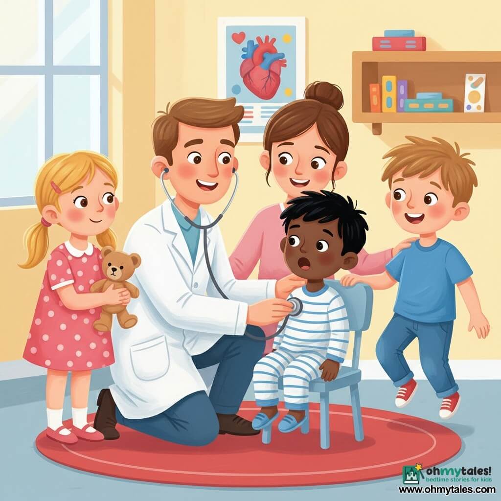 A calm smiling light-skinned male doctor with short brown hair and a clean white coat kneels and places a shiny metal stethoscope on a young boy’s chest while the boy, Tommy (about 4, short black hair, striped pajamas), sits on a small chair saying “Ahh,” his mother stands behind smiling with a hand on his shoulder; two other children watch—Lily (about 6, blonde braids, pink polka-dot dress) clutching a small teddy to the doctor’s left, and Max (about 6, tousled brown hair, blue T-shirt) on the doctor’s right, excitedly on his toes. The bright clinic has pale yellow walls, a colorful heart-and-body poster, a wooden shelf with bandage boxes and a shiny sticker, soft lino floor with a round red rug; warm composition, round features, vivid colors, visible acrylic paint texture.